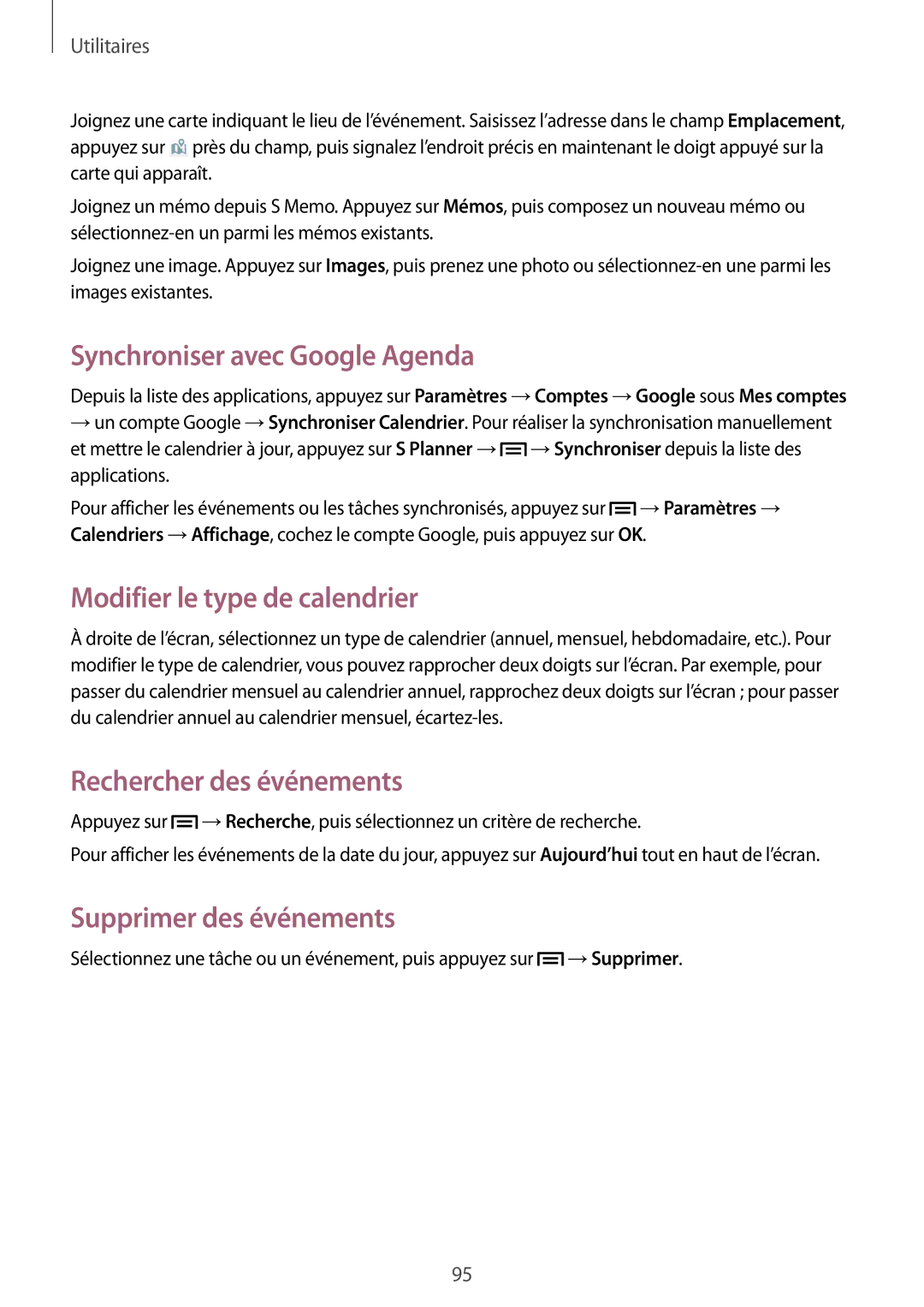 Samsung GT-I9195ZWAFTM manual Synchroniser avec Google Agenda, Modifier le type de calendrier, Rechercher des événements 
