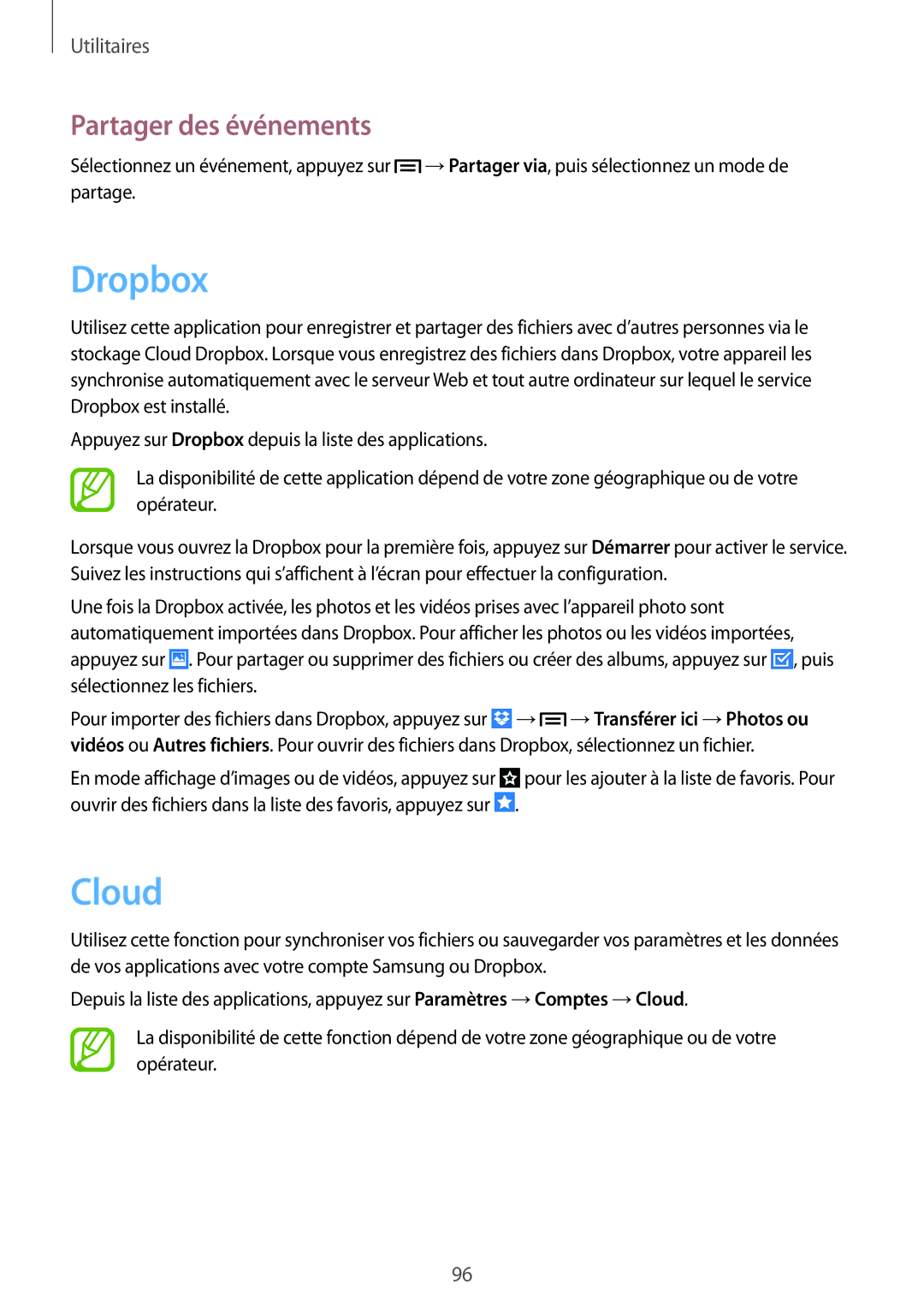 Samsung GT-I9195ZOAXEF, GT-I9195ZRZXEF, GT-I9195ZKASFR, GT-I9195ZKANRJ manual Dropbox, Cloud, Partager des événements 