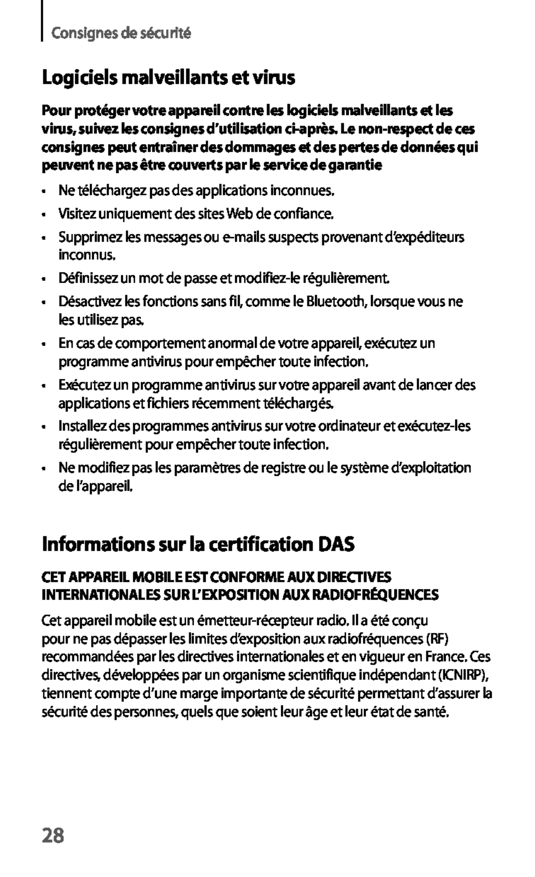 Samsung GT-I9195DKYXEF manual Logiciels malveillants et virus, Informations sur la certification DAS, Consignes de sécurité 