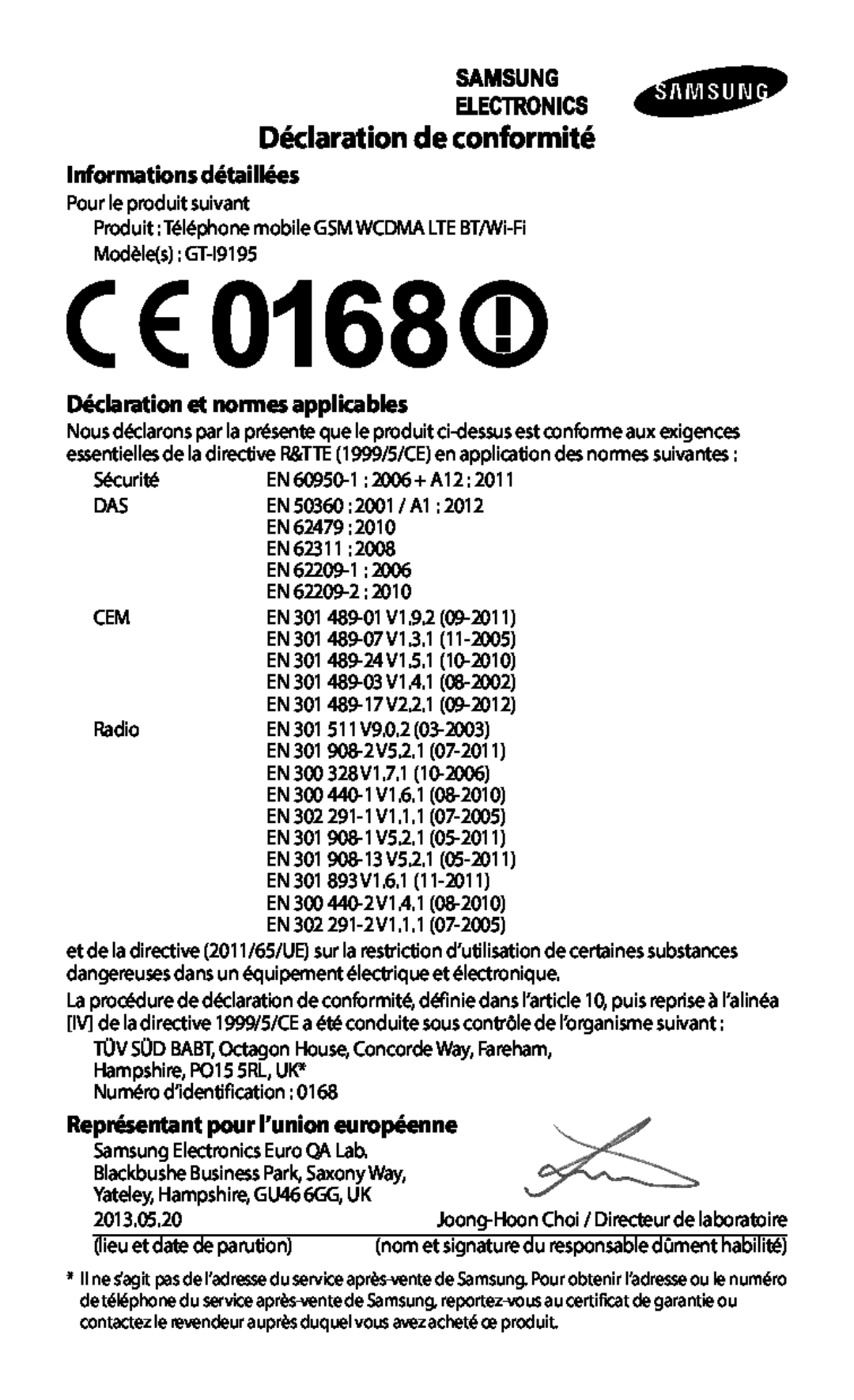 Samsung GT-I9195ZKAFTM manual Déclaration de conformité, Informations détaillées, Déclaration et normes applicables 