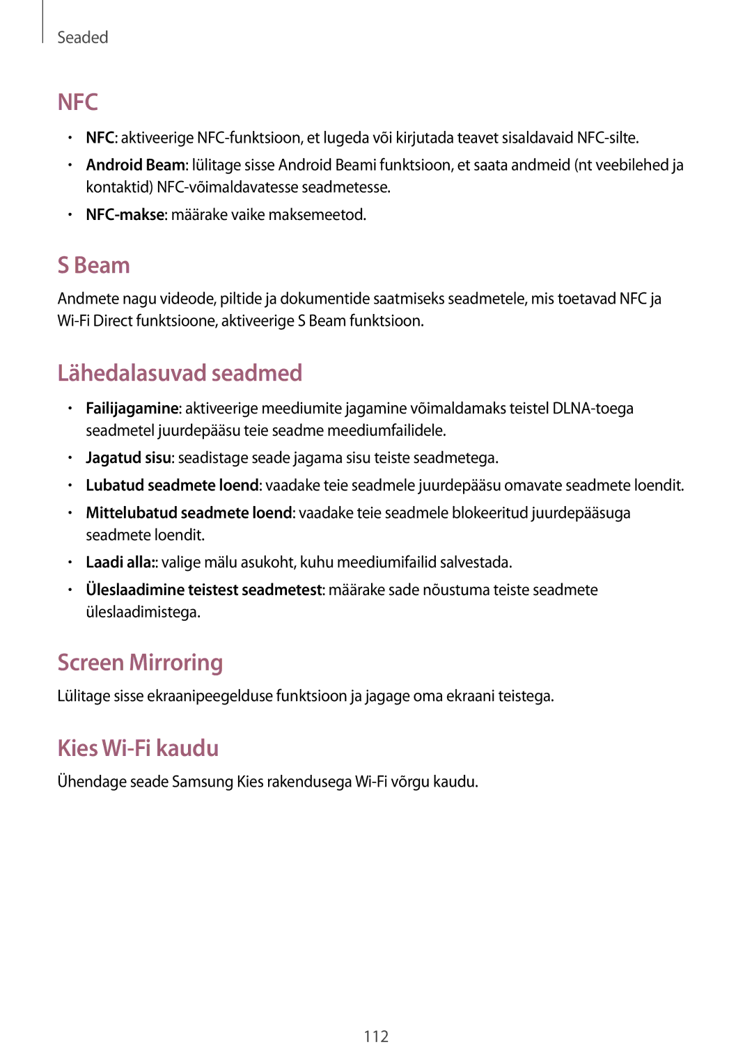 Samsung GT-I9195ZWASEB, GT-I9195ZRZSEB, GT-I9195DKYSEB manual Beam, Lähedalasuvad seadmed, Screen Mirroring, Kies Wi-Fi kaudu 