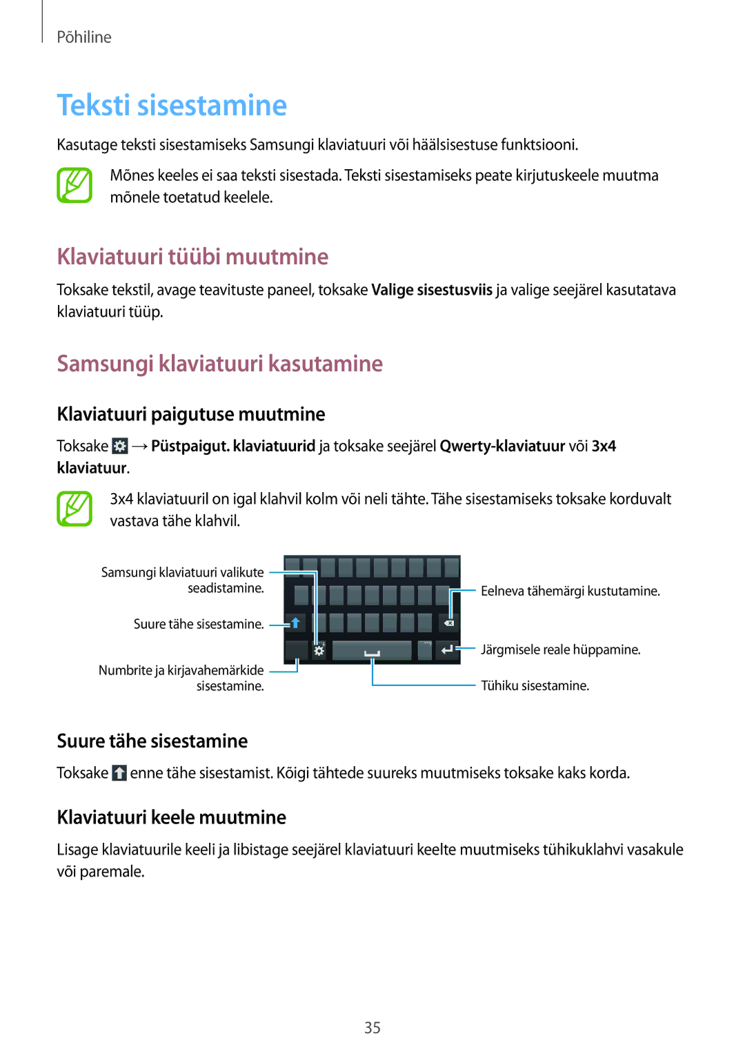 Samsung GT-I9195ZKASEB, GT-I9195ZWASEB Teksti sisestamine, Klaviatuuri tüübi muutmine, Samsungi klaviatuuri kasutamine 