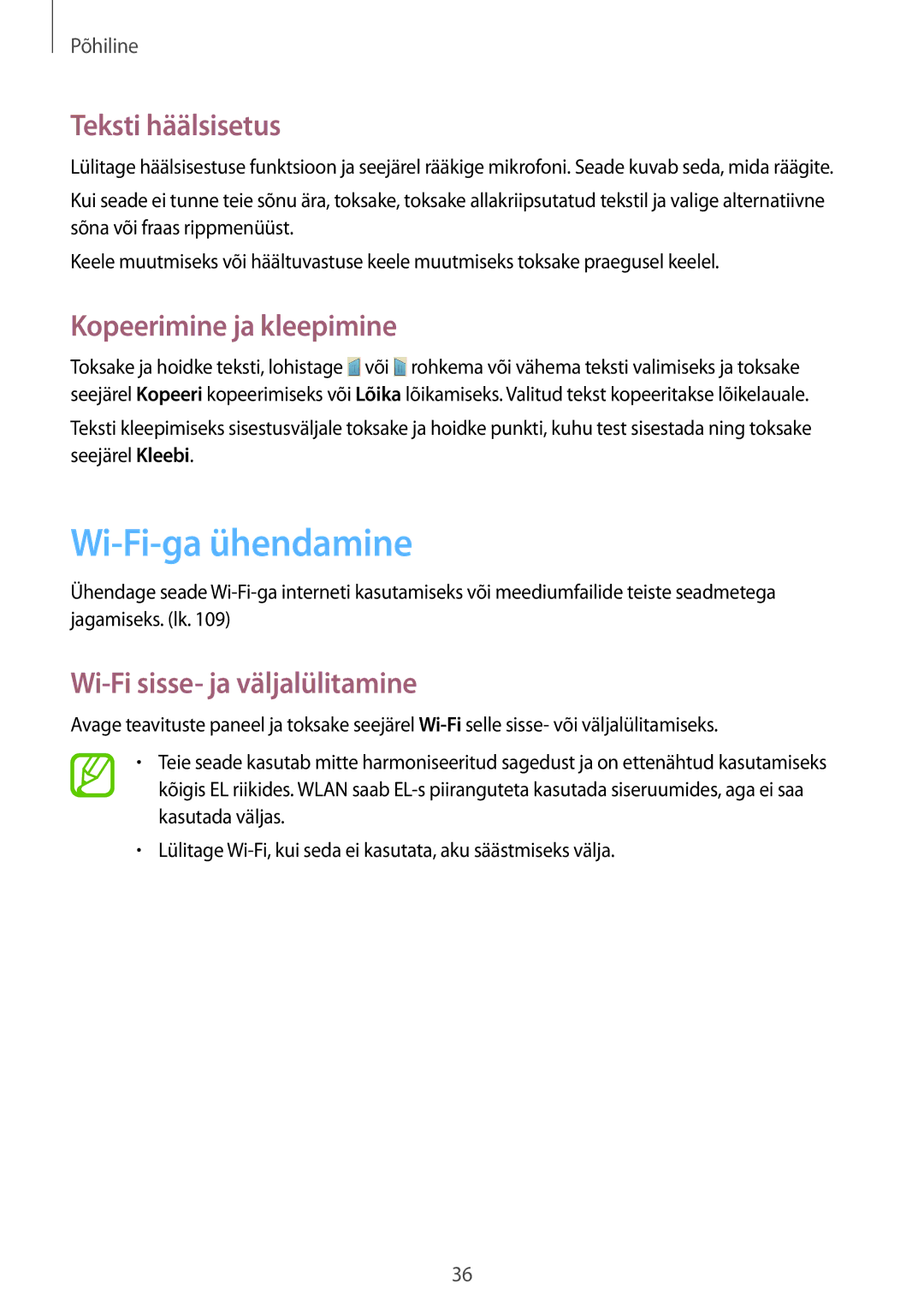 Samsung GT-I9195ZWISEB Wi-Fi-ga ühendamine, Teksti häälsisetus, Kopeerimine ja kleepimine, Wi-Fi sisse- ja väljalülitamine 