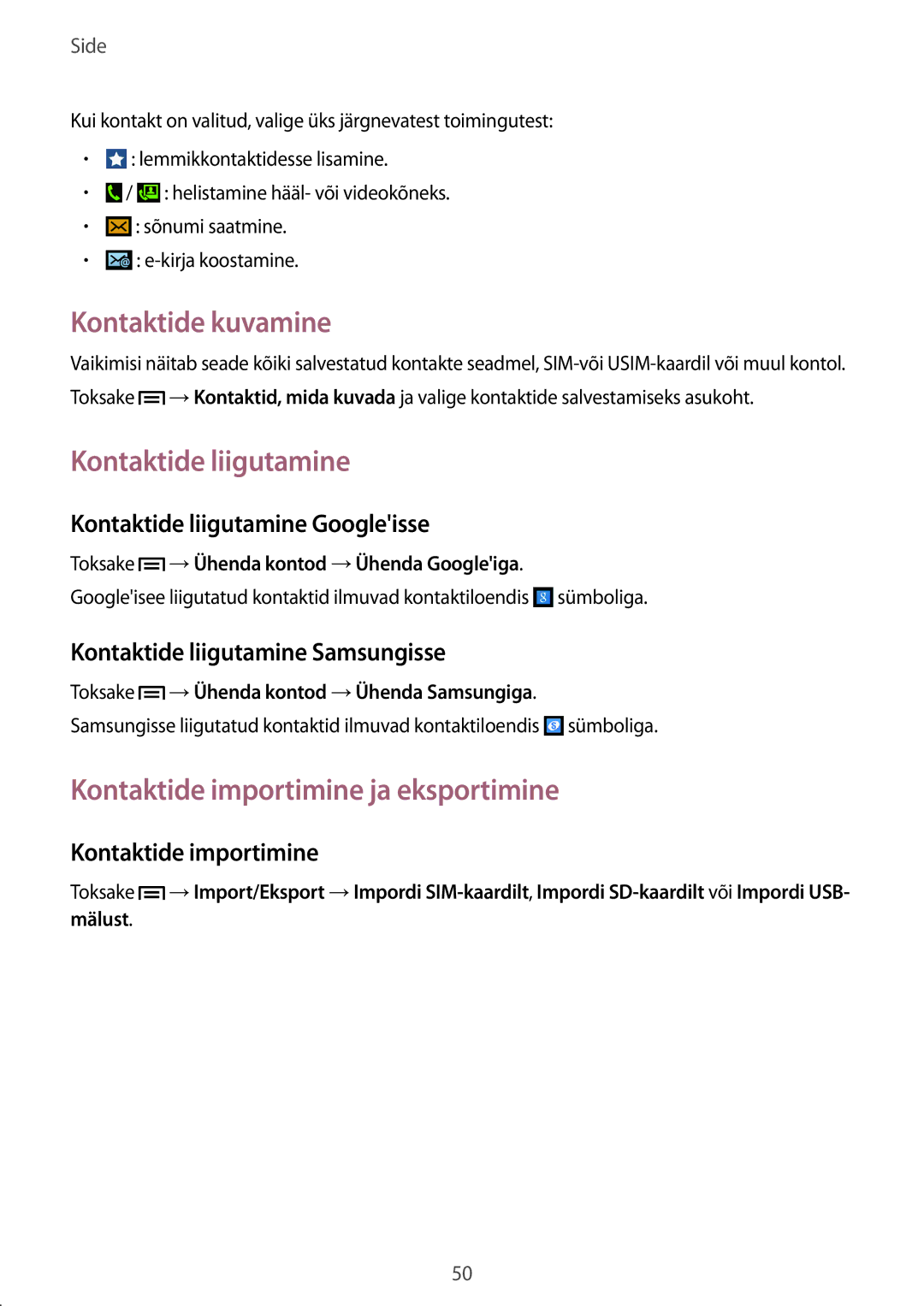 Samsung GT-I9195DKYSEB, GT-I9195ZWASEB Kontaktide kuvamine, Kontaktide liigutamine, Kontaktide importimine ja eksportimine 