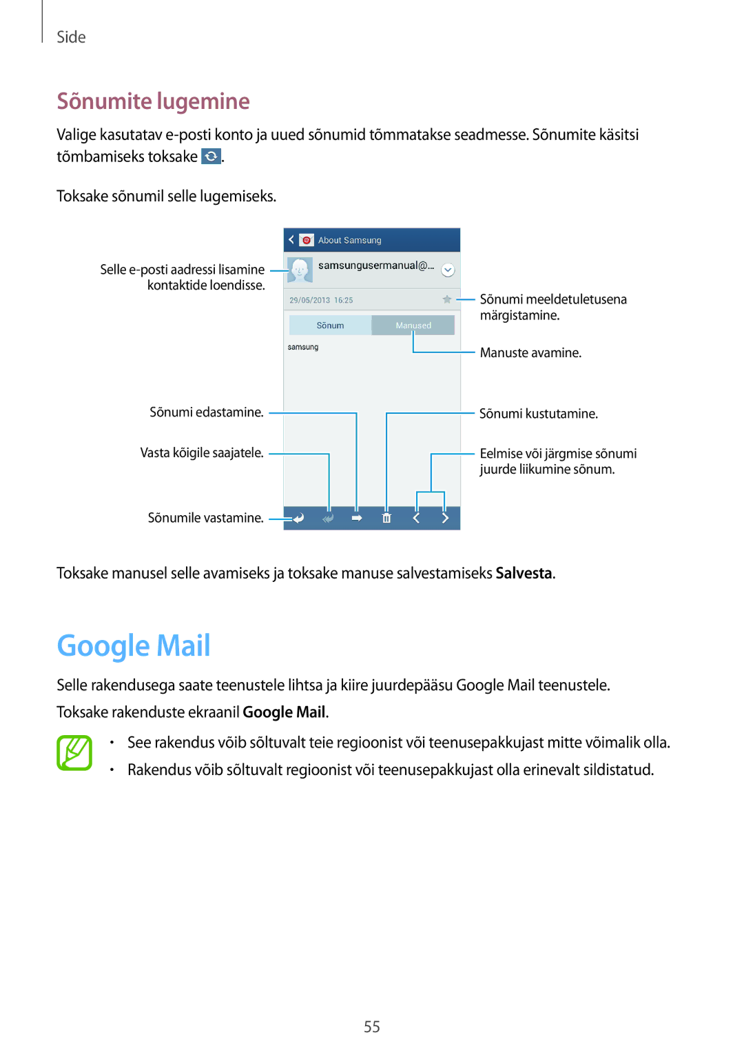 Samsung GT-I9195ZRASEB, GT-I9195ZWASEB, GT-I9195ZRZSEB, GT-I9195DKYSEB, GT-I9195ZKASEB manual Google Mail, Sõnumite lugemine 