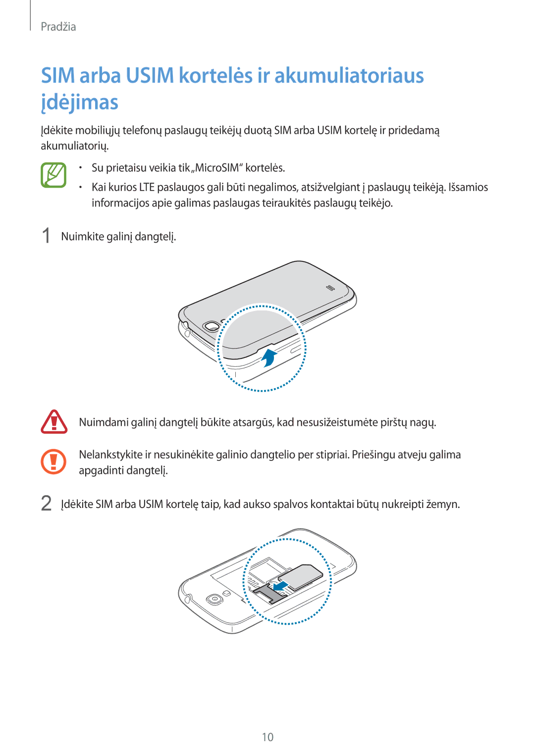 Samsung GT-I9195DKYSEB, GT-I9195ZWASEB, GT-I9195ZRZSEB, GT-I9195ZKASEB SIM arba Usim kortelės ir akumuliatoriaus įdėjimas 