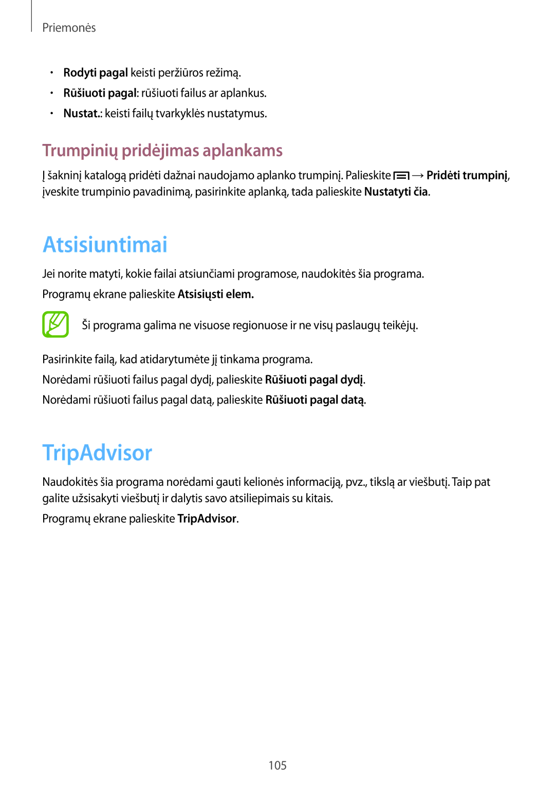 Samsung GT-I9195ZRZSEB, GT-I9195ZWASEB, GT-I9195DKYSEB manual Atsisiuntimai, TripAdvisor, Trumpinių pridėjimas aplankams 