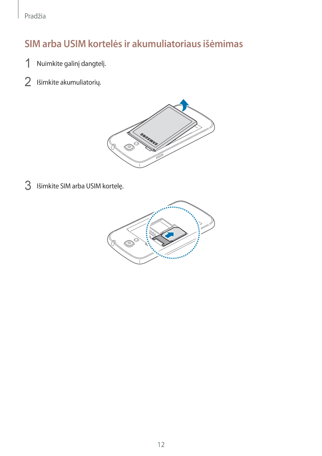 Samsung GT-I9195ZWISEB, GT-I9195ZWASEB, GT-I9195ZRZSEB, GT-I9195DKYSEB SIM arba Usim kortelės ir akumuliatoriaus išėmimas 