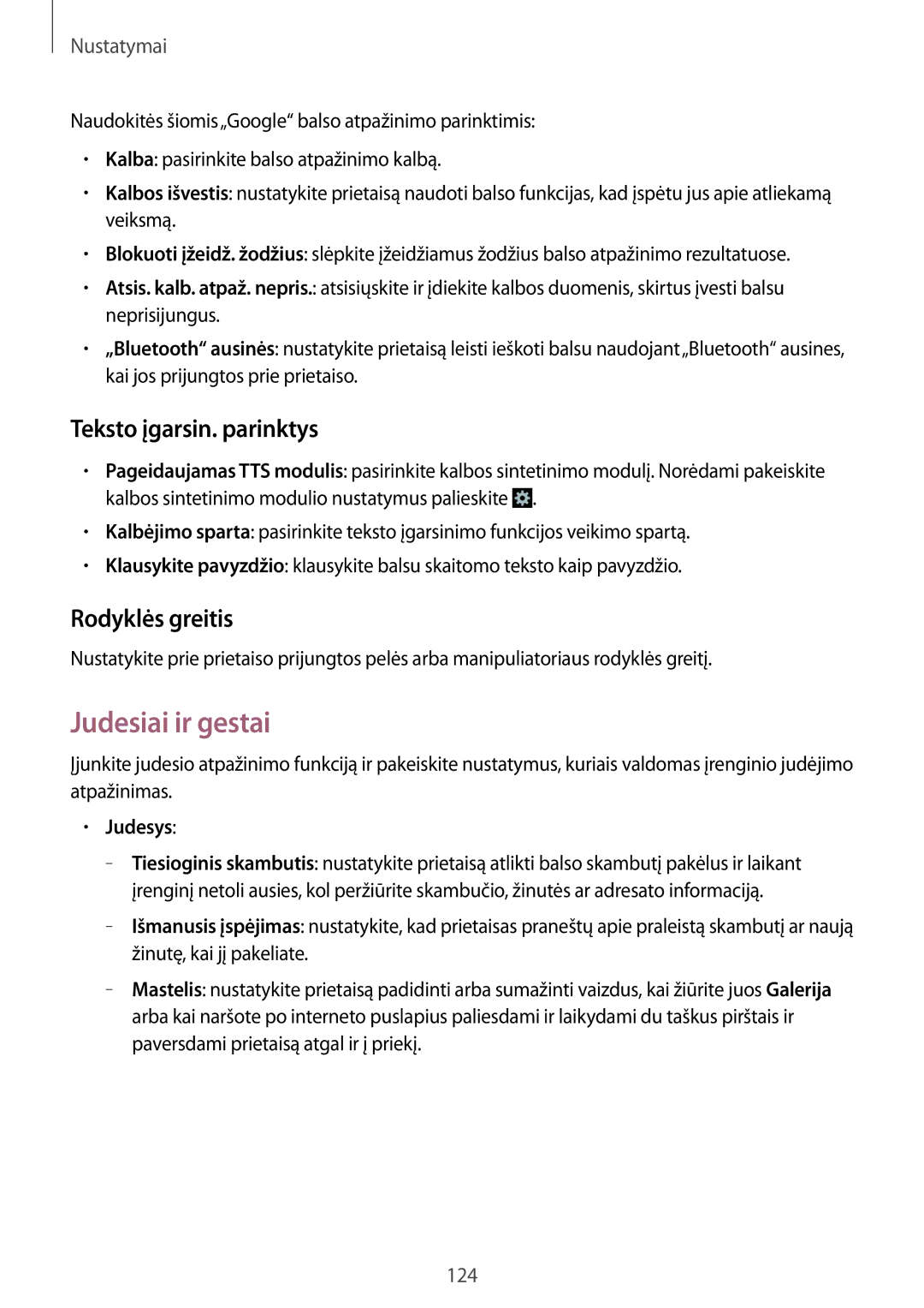 Samsung GT-I9195ZWISEB, GT-I9195ZWASEB manual Judesiai ir gestai, Teksto įgarsin. parinktys, Rodyklės greitis, Judesys 