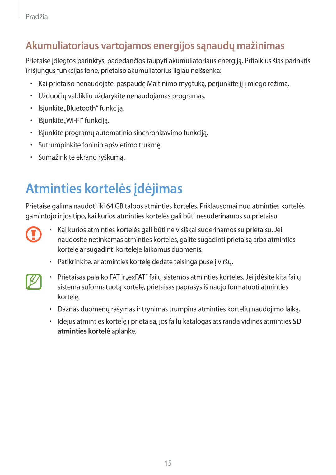 Samsung GT-I9195ZRASEB, GT-I9195ZWASEB Atminties kortelės įdėjimas, Akumuliatoriaus vartojamos energijos sąnaudų mažinimas 