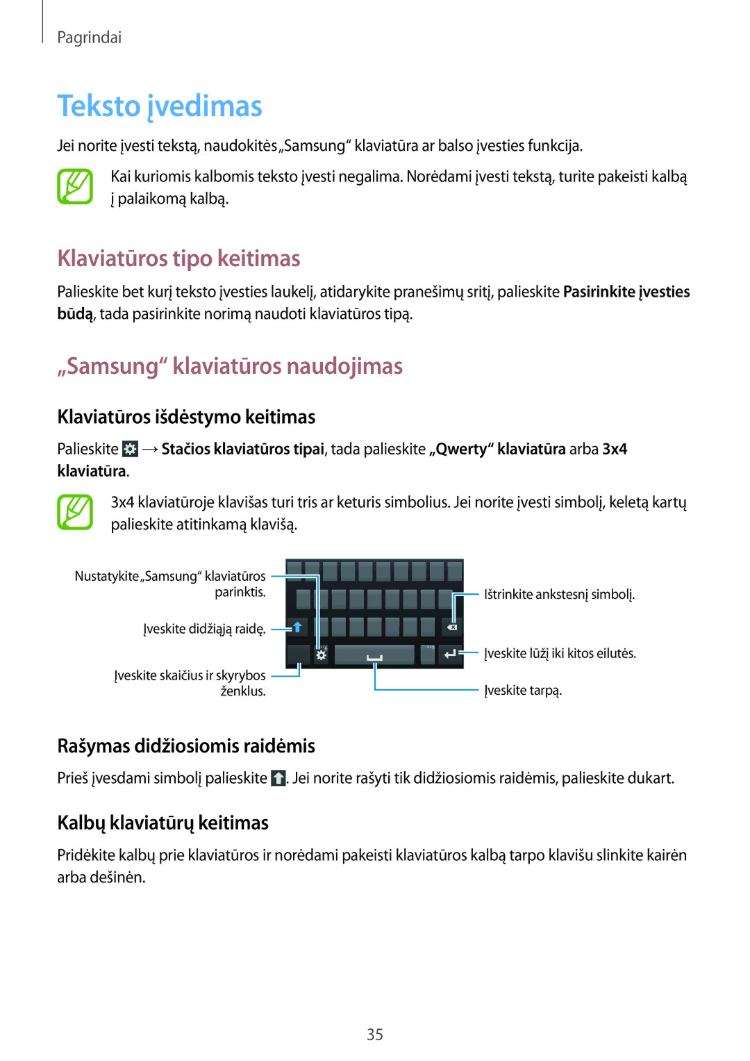 Samsung GT-I9195ZKASEB, GT-I9195ZWASEB manual Teksto įvedimas, Klaviatūros tipo keitimas, „Samsung klaviatūros naudojimas 