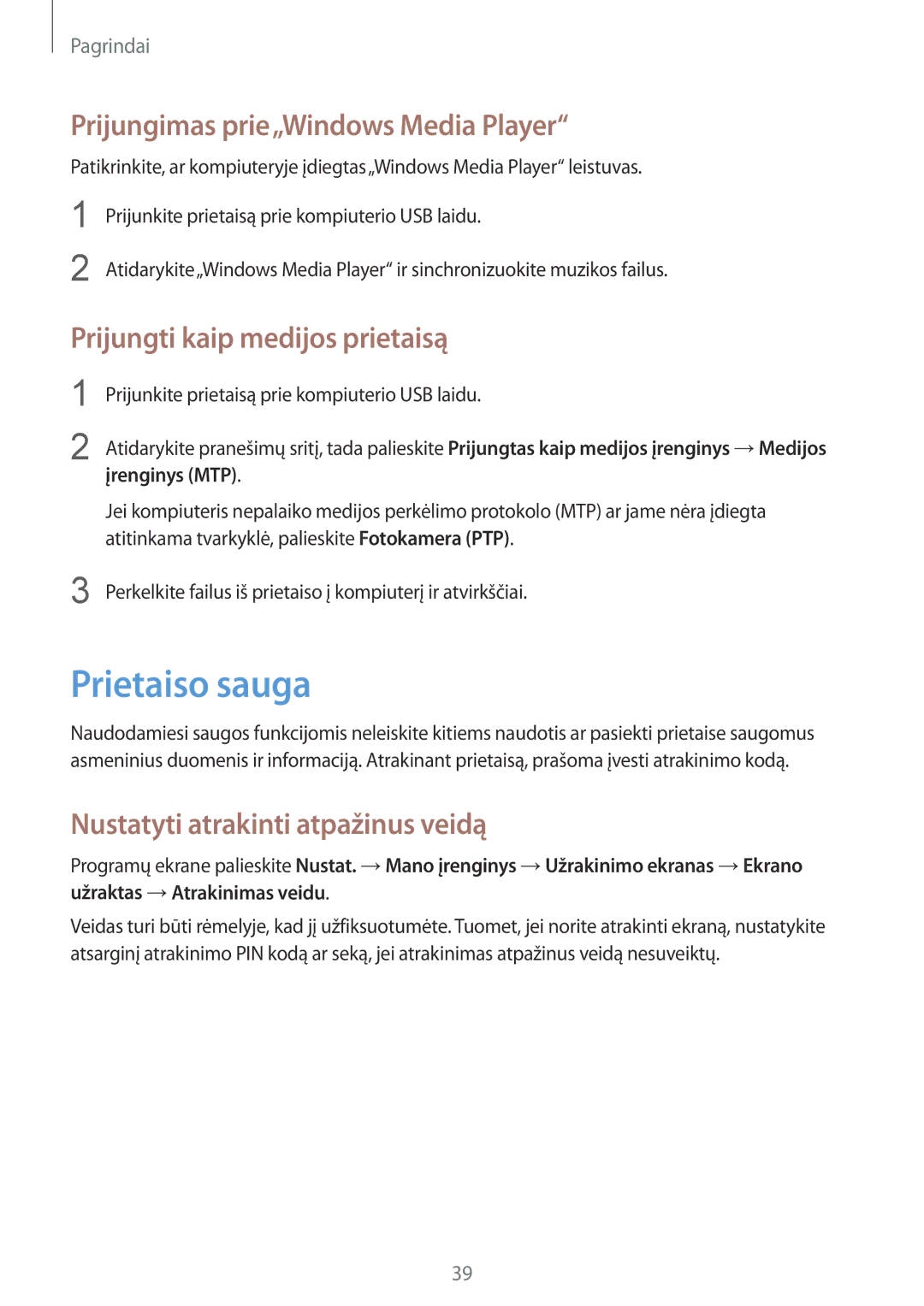 Samsung GT-I9195ZRASEB manual Prietaiso sauga, Prijungimas prie„Windows Media Player, Prijungti kaip medijos prietaisą 