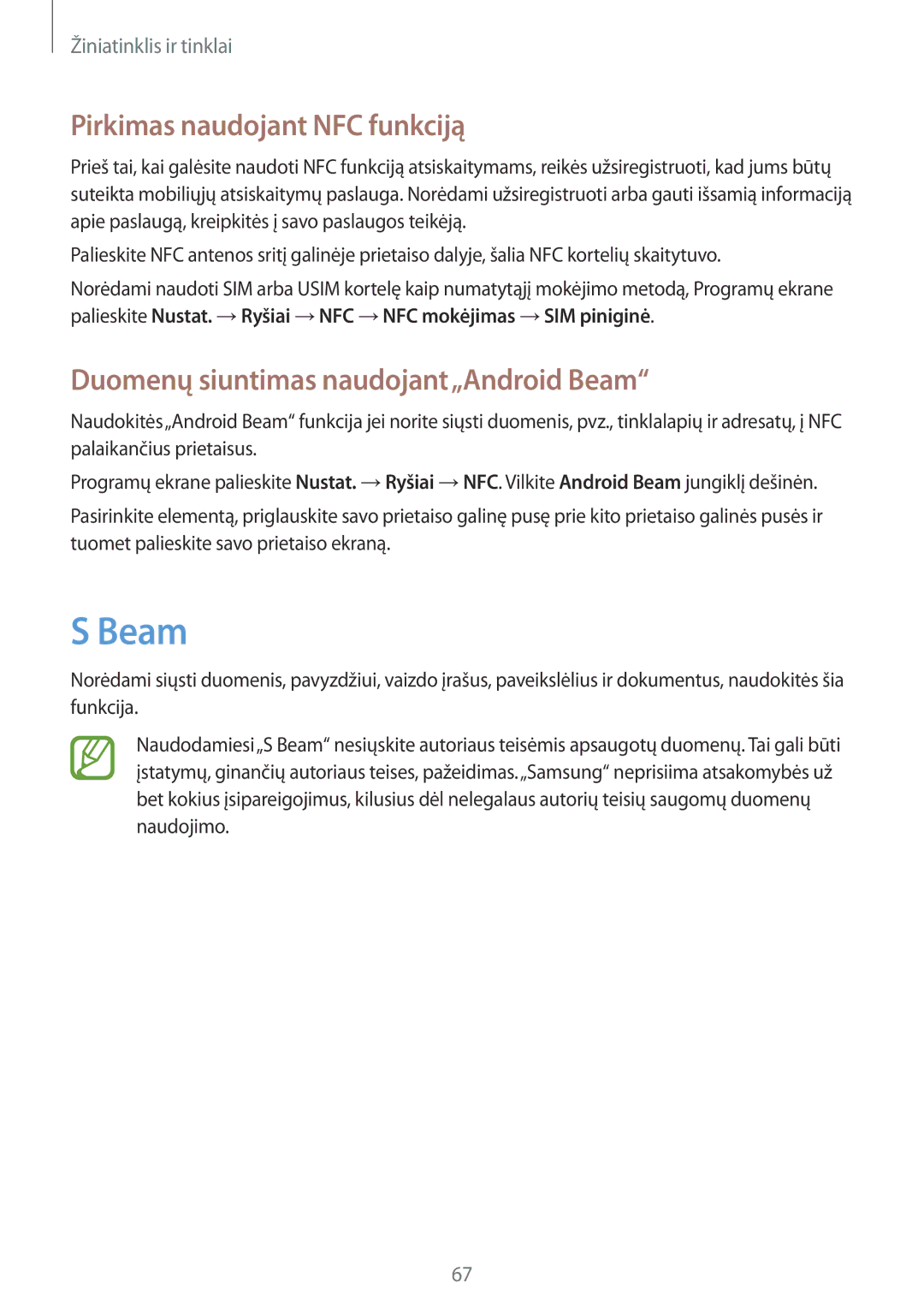 Samsung GT-I9195ZKASEB, GT-I9195ZWASEB manual Pirkimas naudojant NFC funkciją, Duomenų siuntimas naudojant„Android Beam 