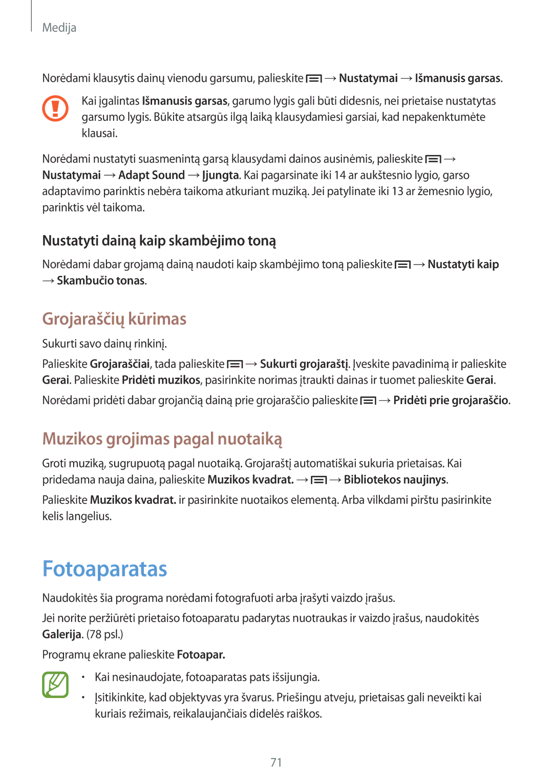 Samsung GT-I9195ZRASEB manual Fotoaparatas, Grojaraščių kūrimas, Muzikos grojimas pagal nuotaiką, → Skambučio tonas 