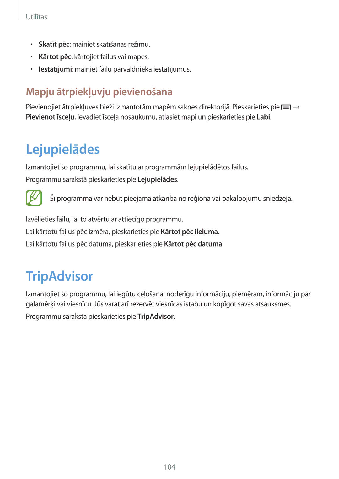 Samsung GT-I9195ZWASEB, GT-I9195ZRZSEB, GT-I9195DKYSEB manual Lejupielādes, TripAdvisor, Mapju ātrpiekļuvju pievienošana 