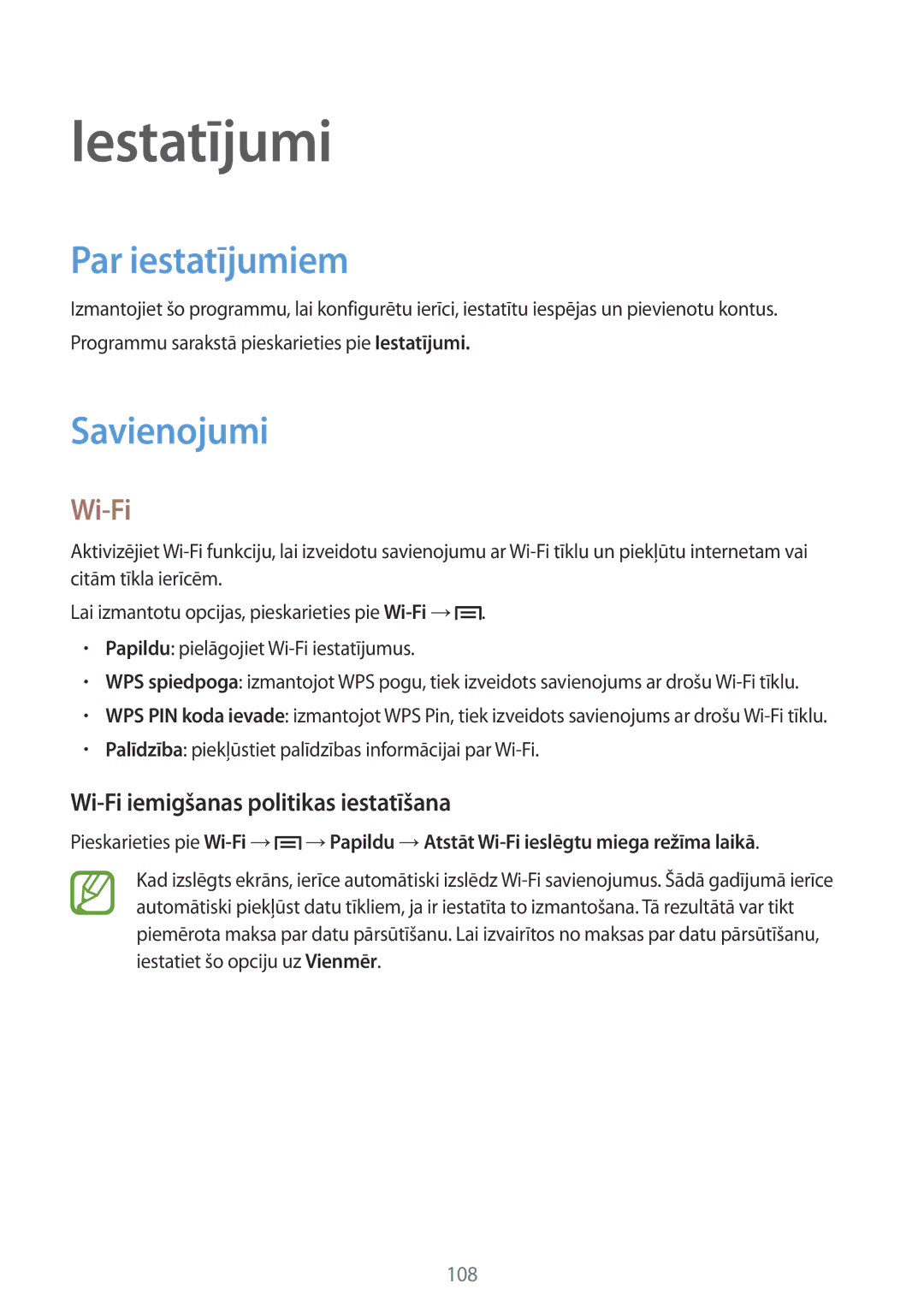 Samsung GT-I9195ZWISEB manual Iestatījumi, Par iestatījumiem, Savienojumi, Wi-Fi iemigšanas politikas iestatīšana 