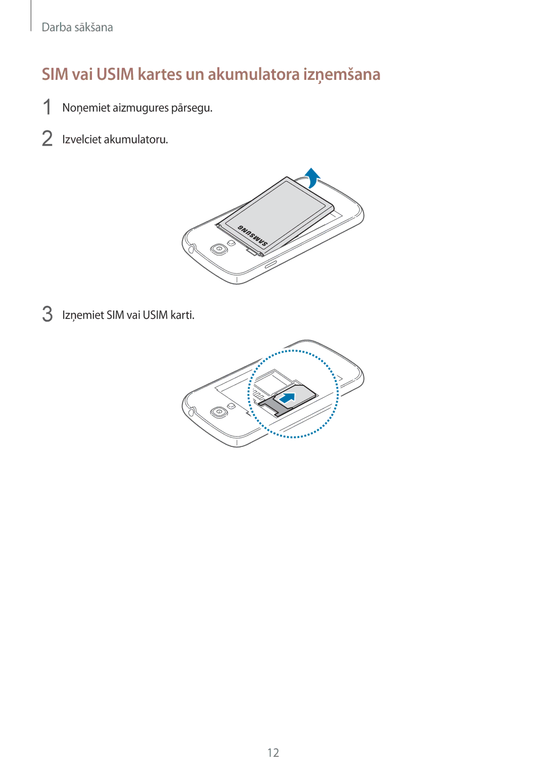 Samsung GT-I9195ZWISEB, GT-I9195ZWASEB, GT-I9195ZRZSEB, GT-I9195DKYSEB manual SIM vai Usim kartes un akumulatora izņemšana 