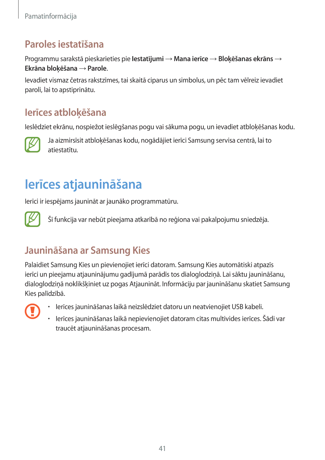 Samsung GT-I9195ZRZSEB manual Ierīces atjaunināšana, Paroles iestatīšana, Ierīces atbloķēšana, Jaunināšana ar Samsung Kies 