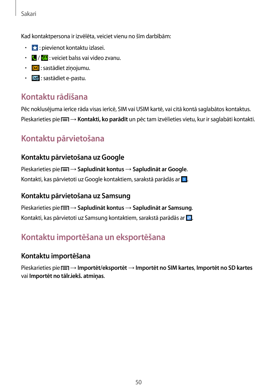 Samsung GT-I9195DKYSEB, GT-I9195ZWASEB manual Kontaktu rādīšana, Kontaktu pārvietošana, Kontaktu importēšana un eksportēšana 