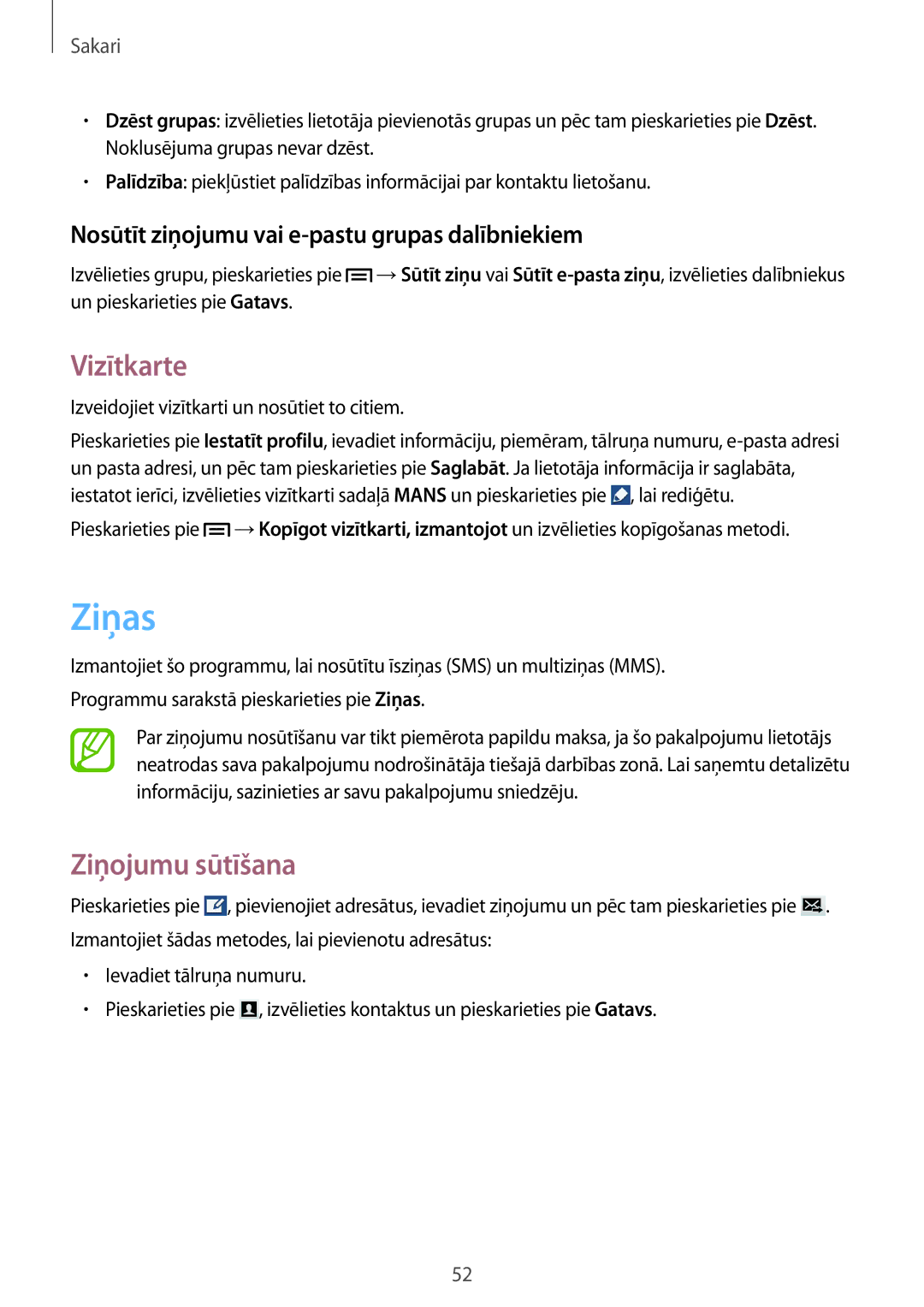 Samsung GT-I9195ZWISEB manual Ziņas, Vizītkarte, Ziņojumu sūtīšana, Nosūtīt ziņojumu vai e-pastu grupas dalībniekiem 