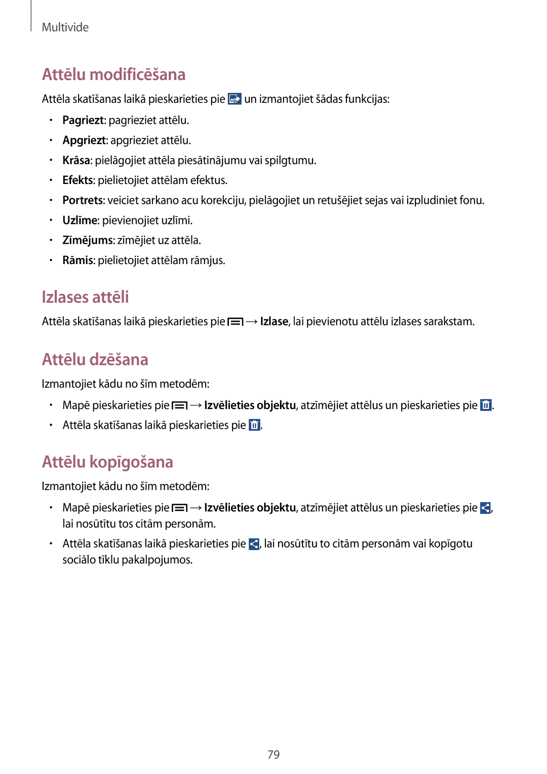 Samsung GT-I9195ZRASEB, GT-I9195ZWASEB manual Attēlu modificēšana, Izlases attēli, Attēlu dzēšana, Attēlu kopīgošana 