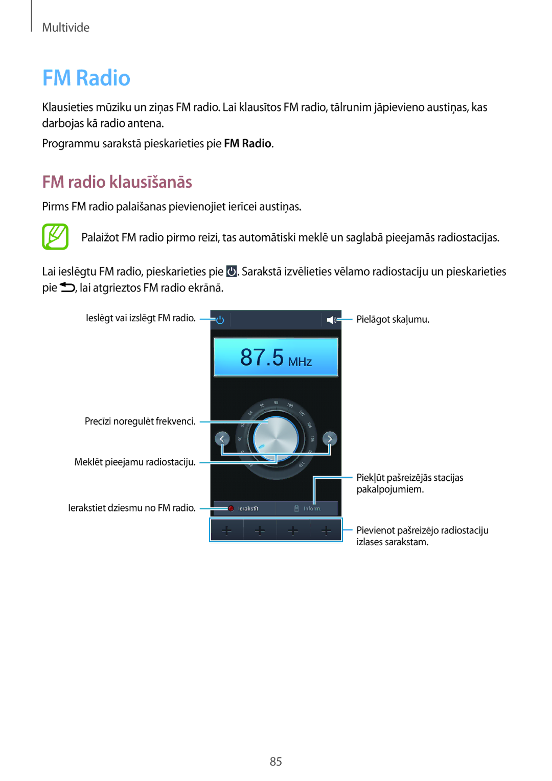 Samsung GT-I9195ZBASEB, GT-I9195ZWASEB, GT-I9195ZRZSEB, GT-I9195DKYSEB, GT-I9195ZKASEB manual FM Radio, FM radio klausīšanās 