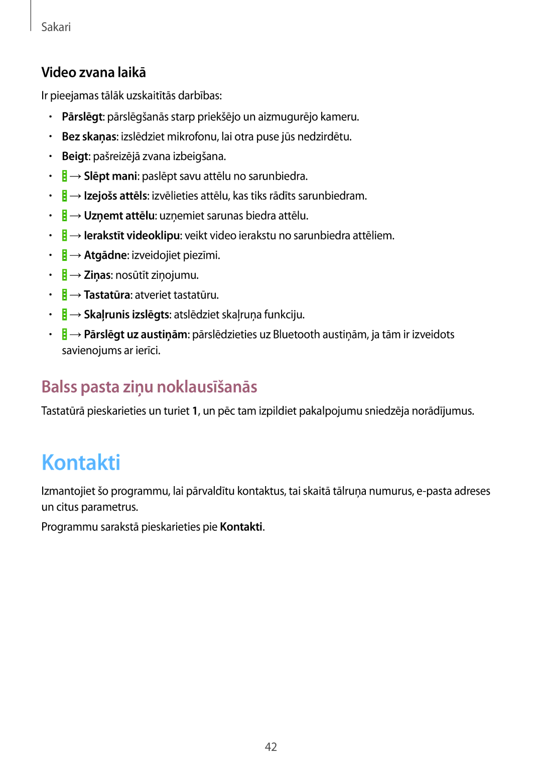 Samsung GT-I9195ZWISEB, GT-I9195DKISEB manual Kontakti, Balss pasta ziņu noklausīšanās, Video zvana laikā 