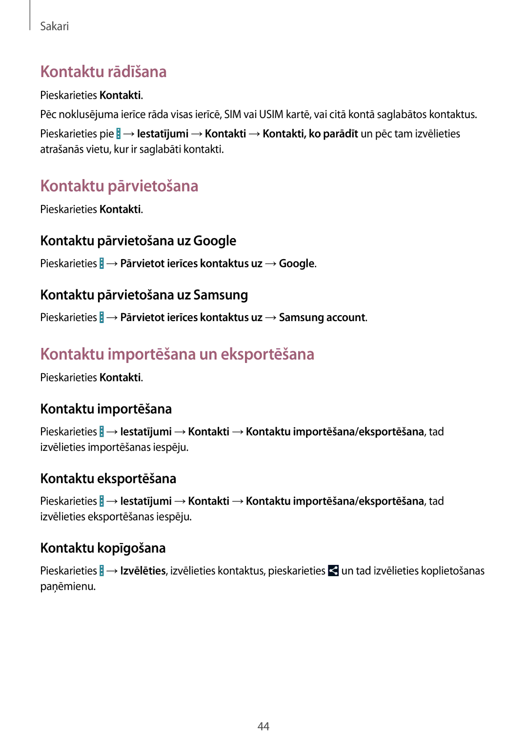 Samsung GT-I9195ZWISEB, GT-I9195DKISEB manual Kontaktu rādīšana, Kontaktu pārvietošana, Kontaktu importēšana un eksportēšana 