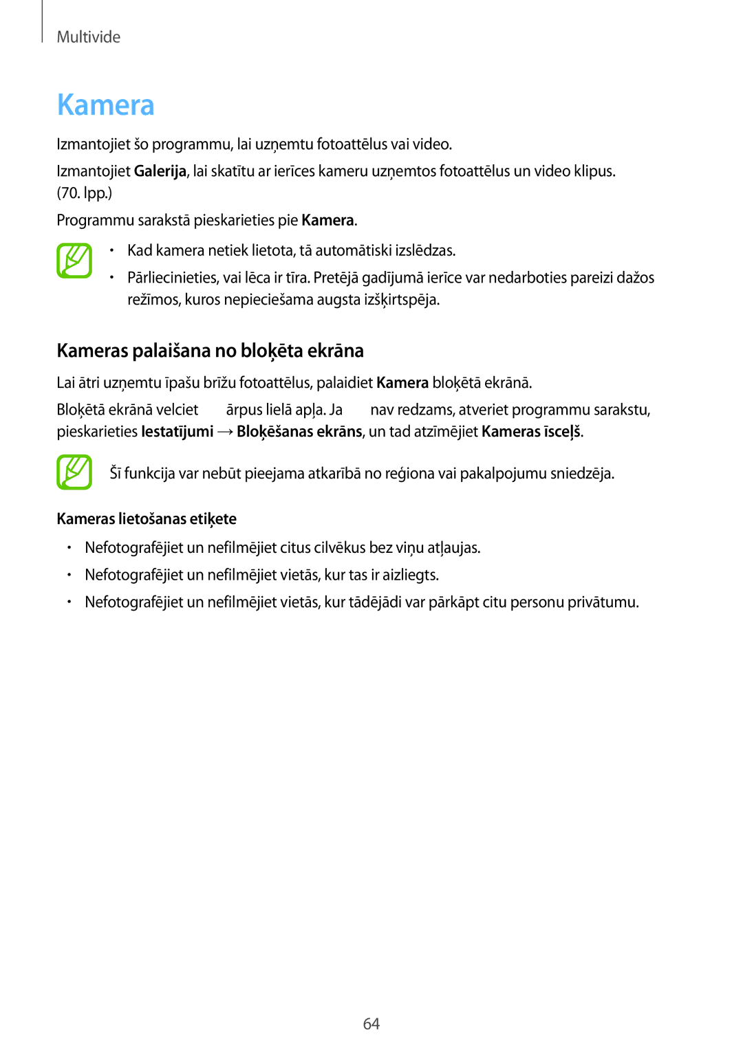 Samsung GT-I9195ZWISEB, GT-I9195DKISEB manual Kameras palaišana no bloķēta ekrāna, Kameras lietošanas etiķete 