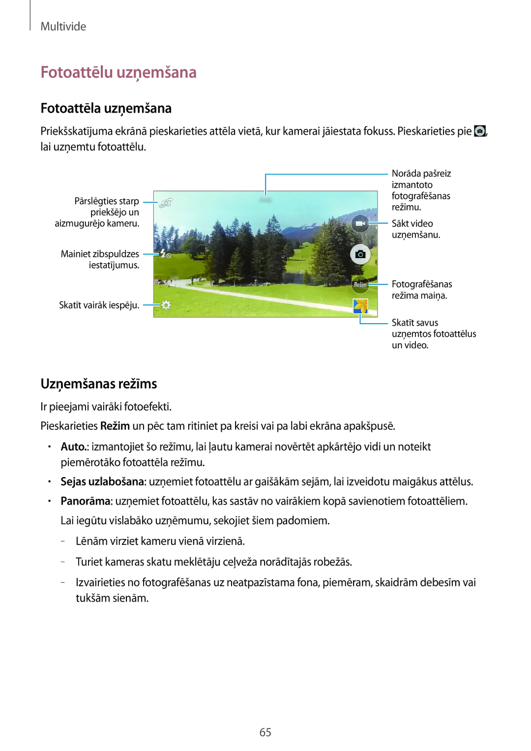 Samsung GT-I9195DKISEB, GT-I9195ZWISEB manual Fotoattēlu uzņemšana, Fotoattēla uzņemšana, Uzņemšanas režīms 