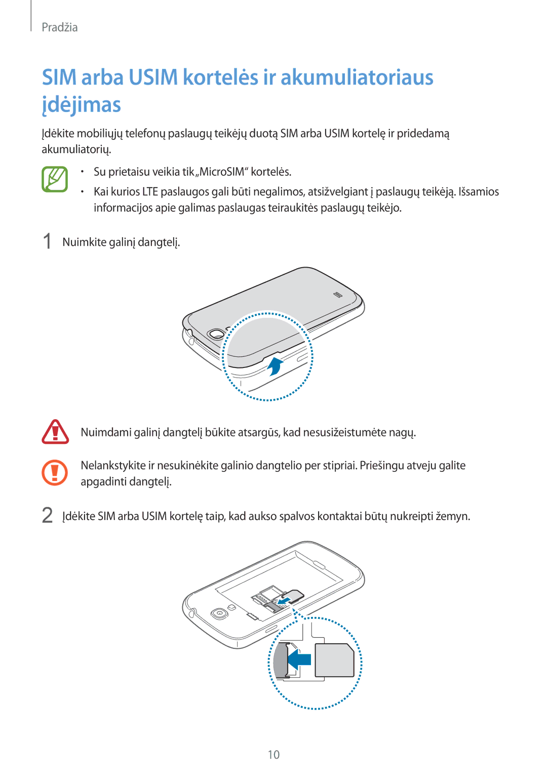 Samsung GT-I9195ZWISEB, GT-I9195DKISEB manual SIM arba Usim kortelės ir akumuliatoriaus įdėjimas 