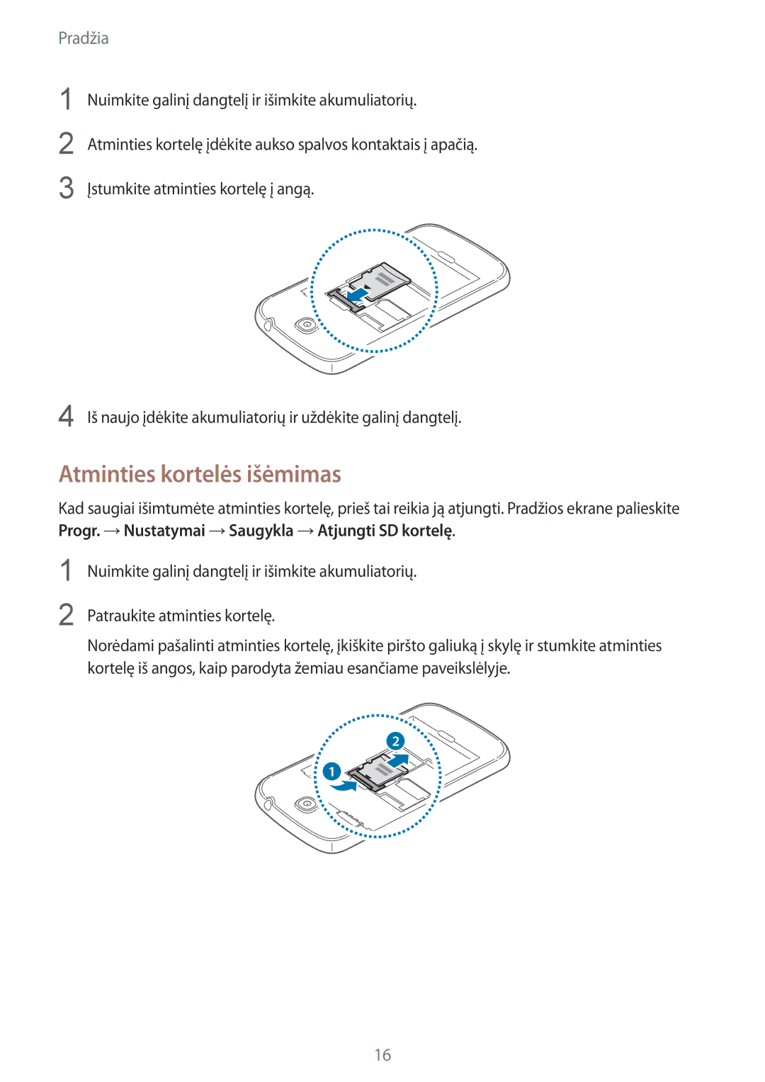 Samsung GT-I9195ZWISEB, GT-I9195DKISEB manual Atminties kortelės išėmimas 