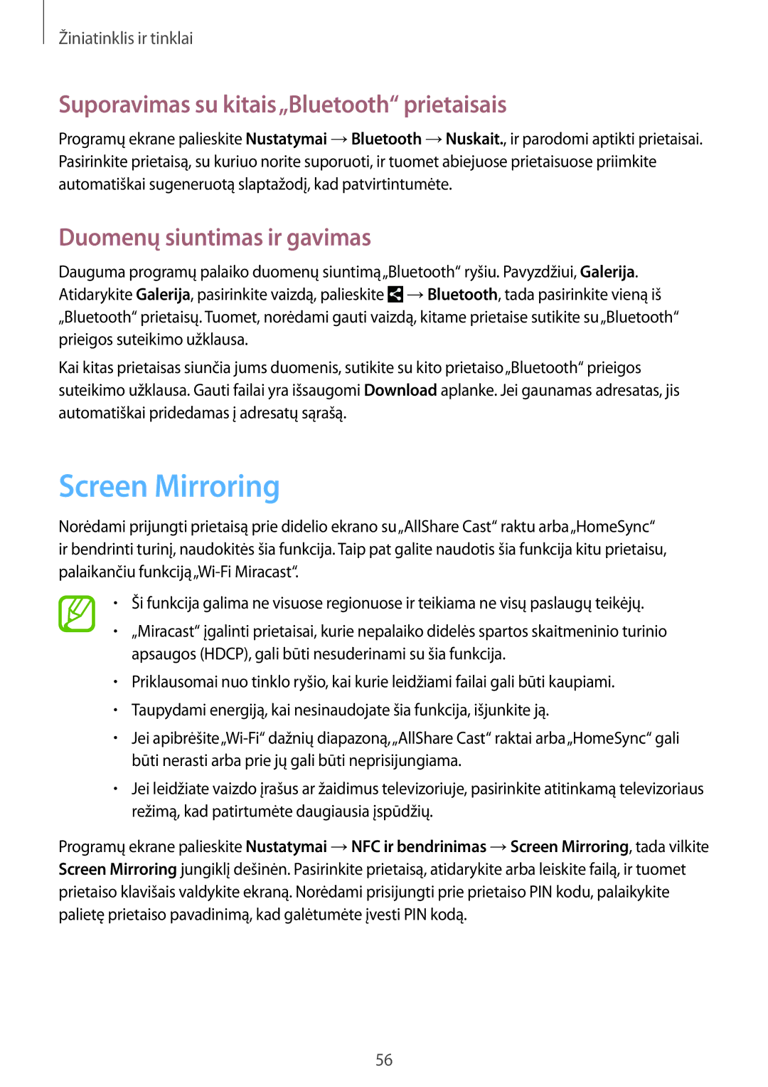 Samsung GT-I9195ZWISEB manual Screen Mirroring, Suporavimas su kitais„Bluetooth prietaisais, Duomenų siuntimas ir gavimas 