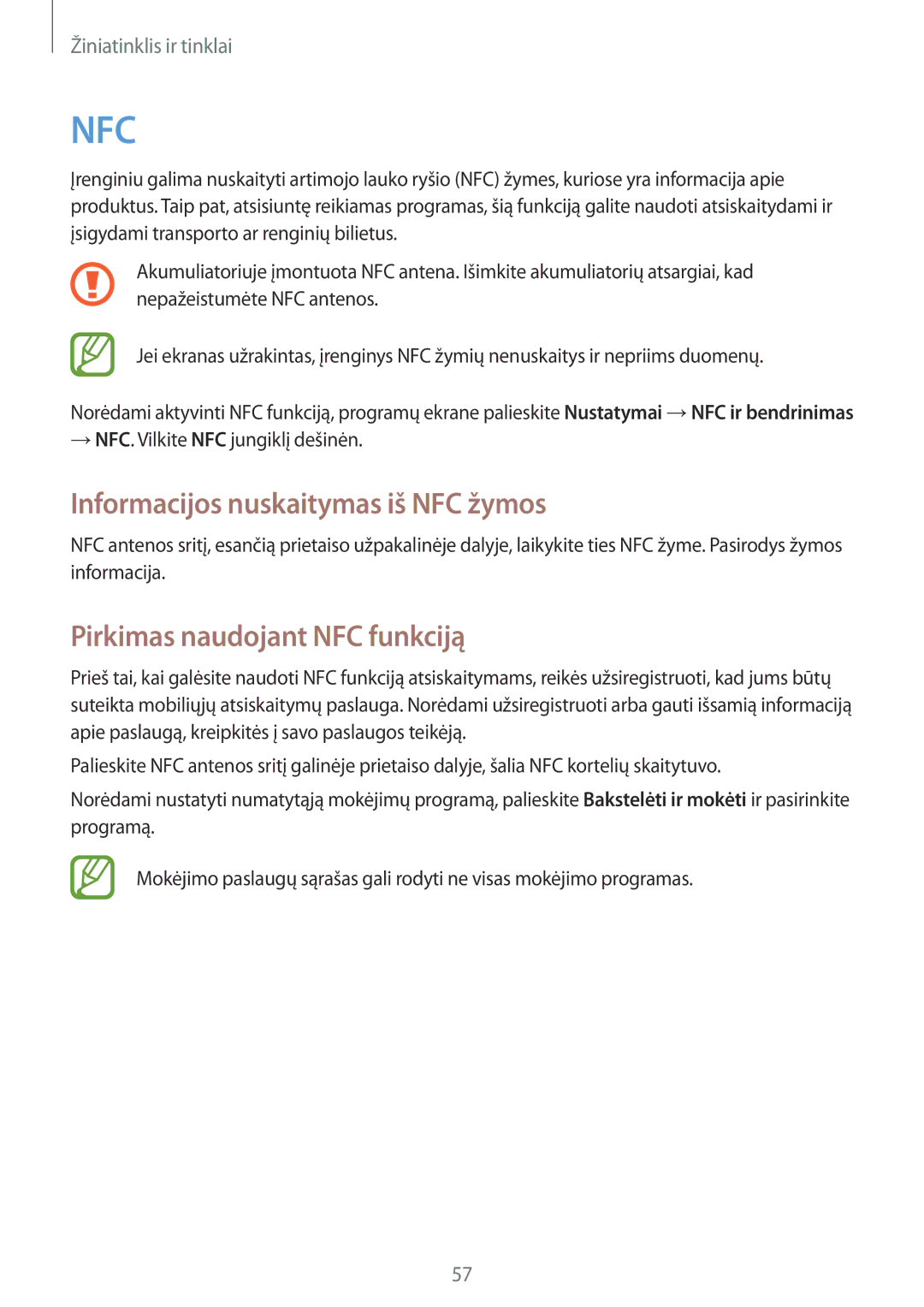 Samsung GT-I9195DKISEB, GT-I9195ZWISEB manual Informacijos nuskaitymas iš NFC žymos, Pirkimas naudojant NFC funkciją 