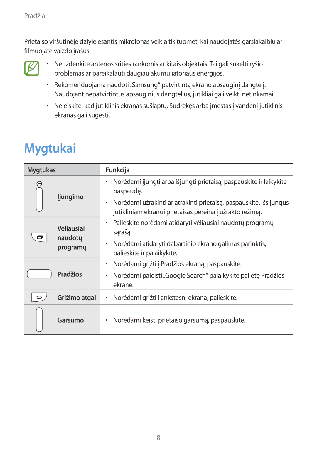 Samsung GT-I9195ZWISEB, GT-I9195DKISEB manual Mygtukai 