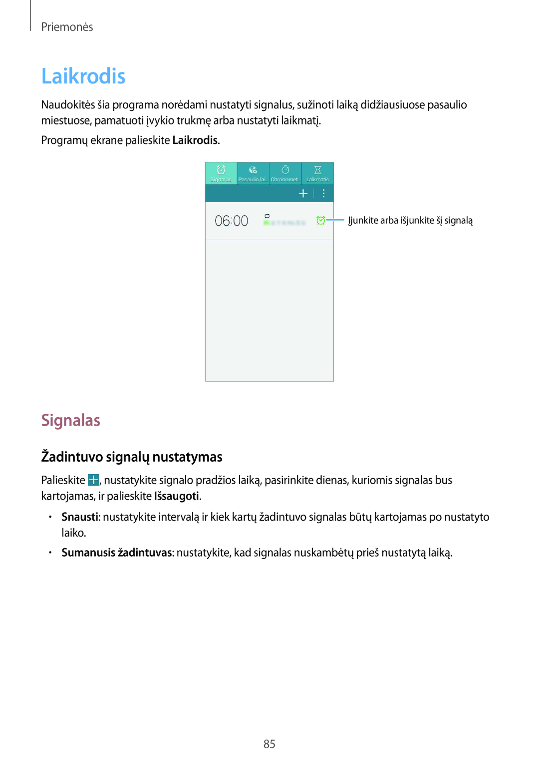 Samsung GT-I9195DKISEB, GT-I9195ZWISEB manual Laikrodis, Signalas, Žadintuvo signalų nustatymas 