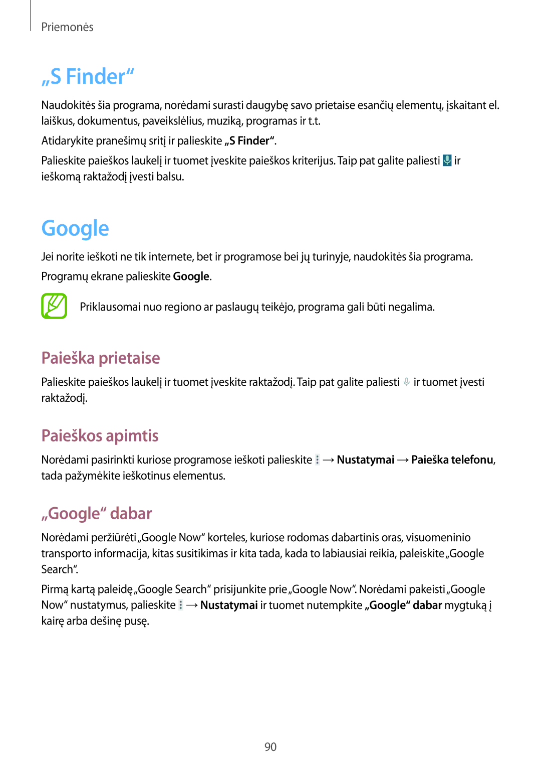 Samsung GT-I9195ZWISEB, GT-I9195DKISEB manual „S Finder, Paieška prietaise, Paieškos apimtis, „Google dabar 