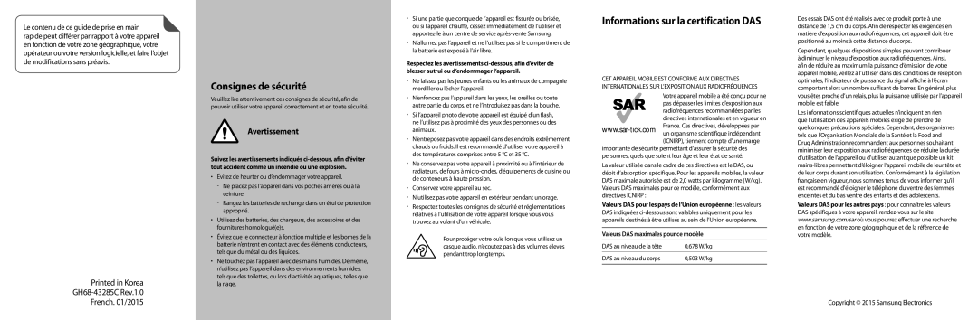 Samsung GT-I9195DKIXEF Consignes de sécurité, Informations sur la certification DAS, Valeurs DAS maximales pour ce modèle 