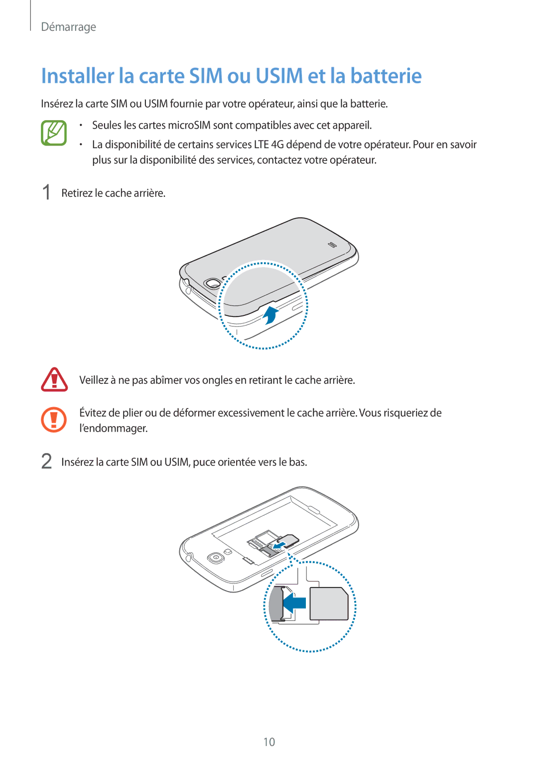 Samsung GT-I9195ZKIXEF, GT-I9195ZWIXEF, GT-I9195DKIXEF manual Installer la carte SIM ou Usim et la batterie 