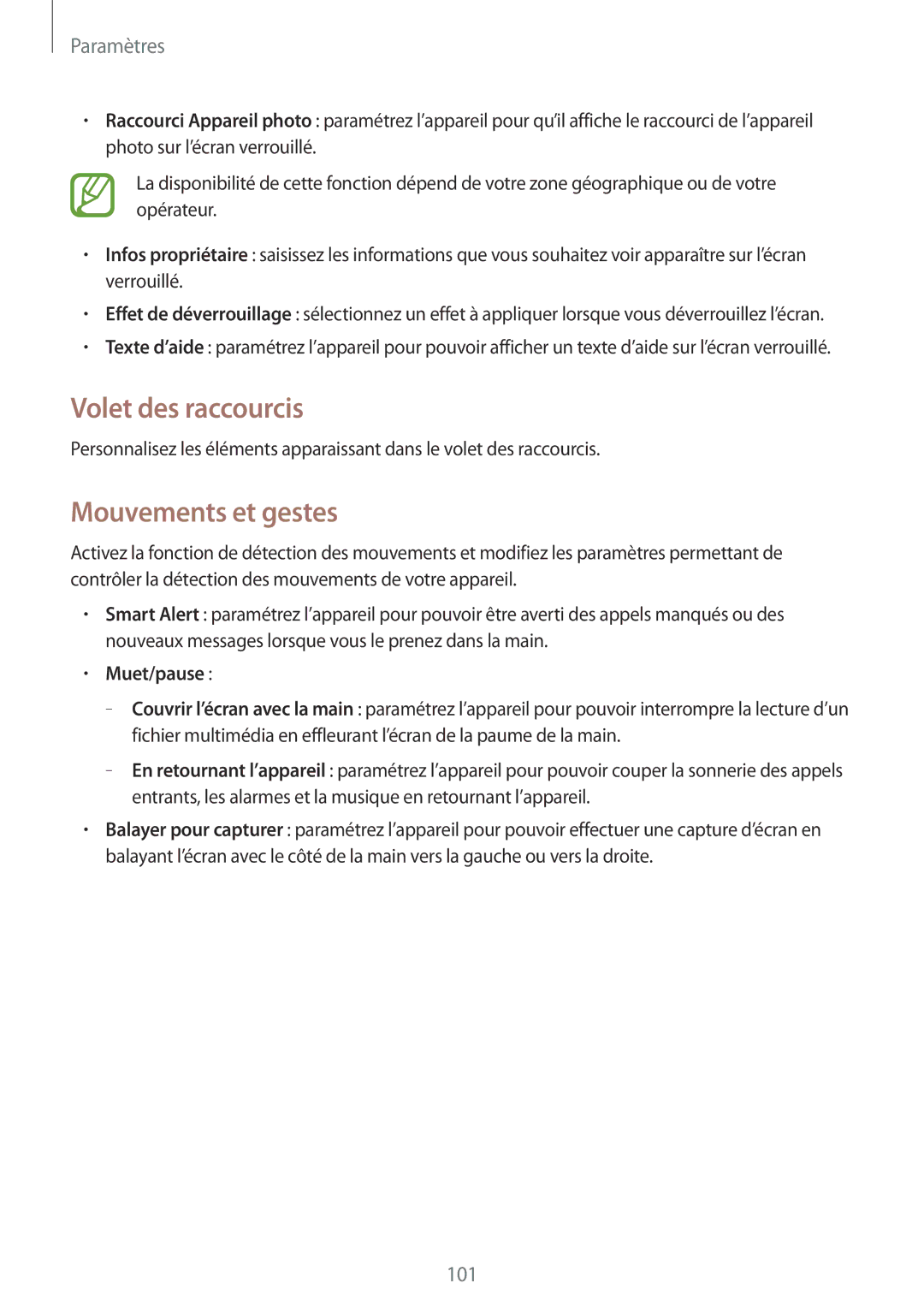 Samsung GT-I9195DKIXEF, GT-I9195ZWIXEF, GT-I9195ZKIXEF manual Volet des raccourcis, Mouvements et gestes, Muet/pause 