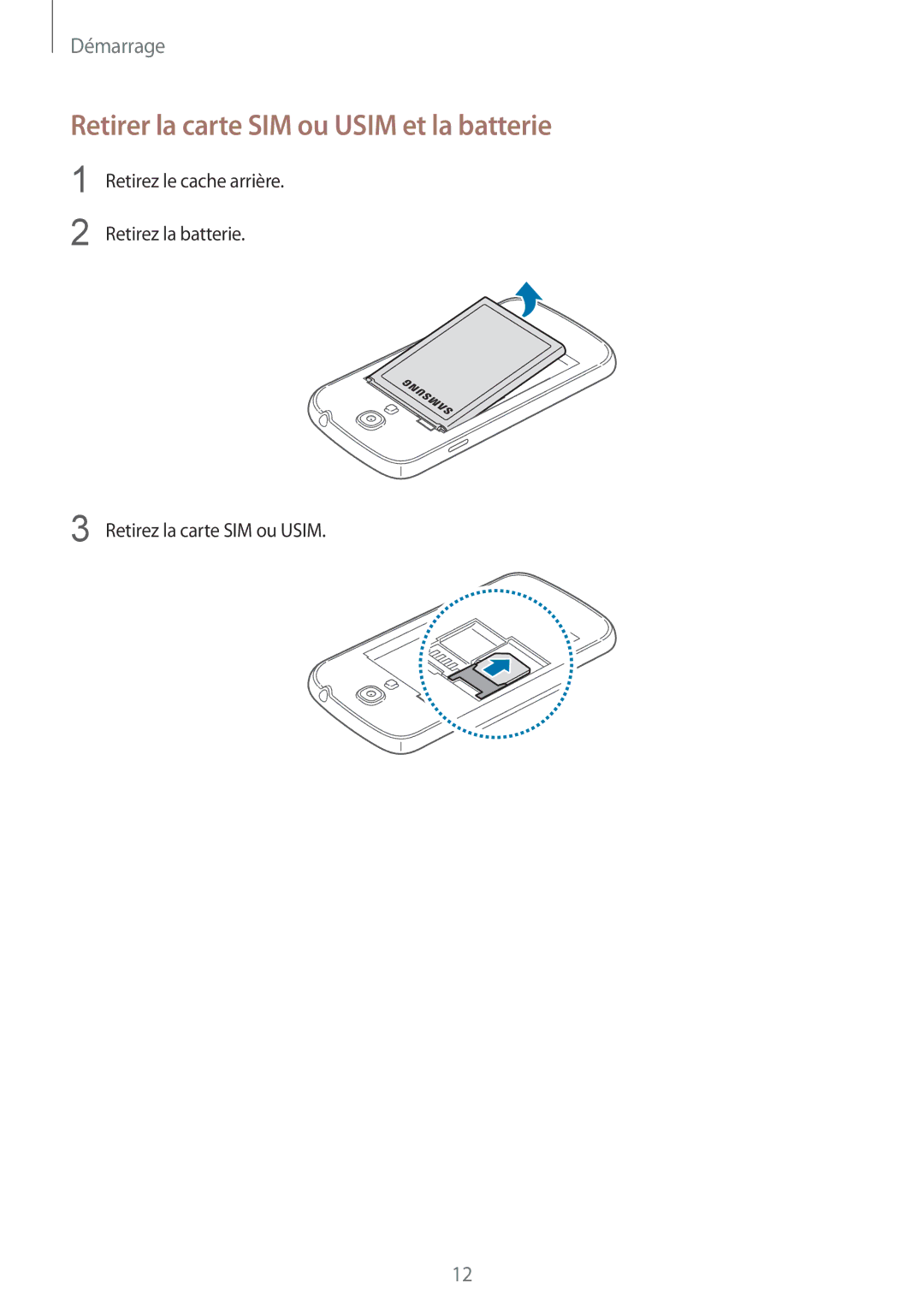 Samsung GT-I9195ZWIXEF, GT-I9195ZKIXEF, GT-I9195DKIXEF manual Retirer la carte SIM ou Usim et la batterie 