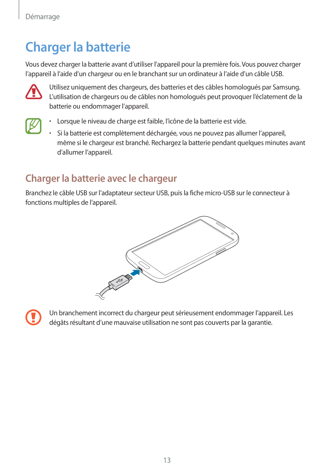 Samsung GT-I9195ZKIXEF, GT-I9195ZWIXEF, GT-I9195DKIXEF manual Charger la batterie avec le chargeur 