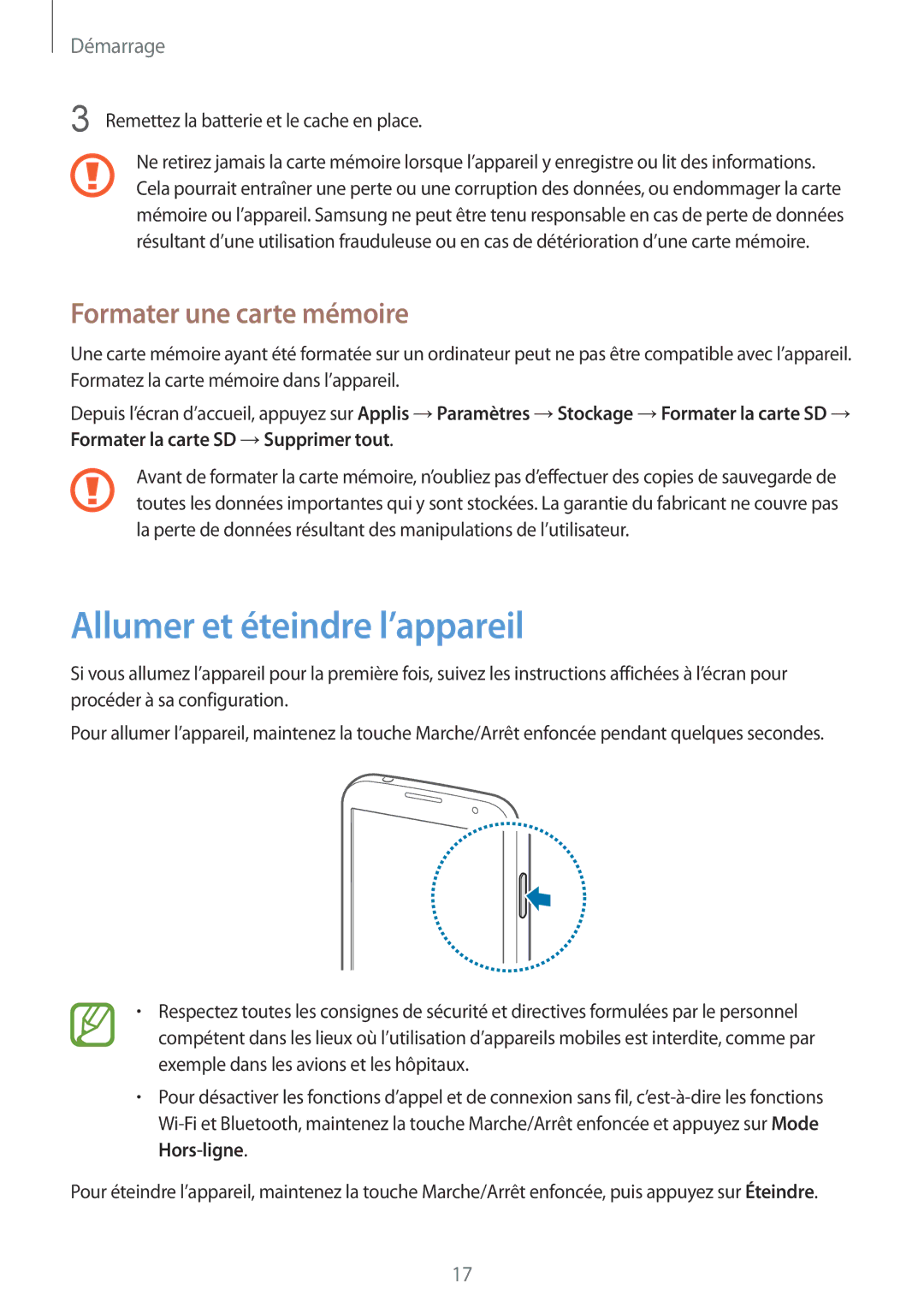 Samsung GT-I9195DKIXEF, GT-I9195ZWIXEF, GT-I9195ZKIXEF manual Allumer et éteindre l’appareil, Formater une carte mémoire 