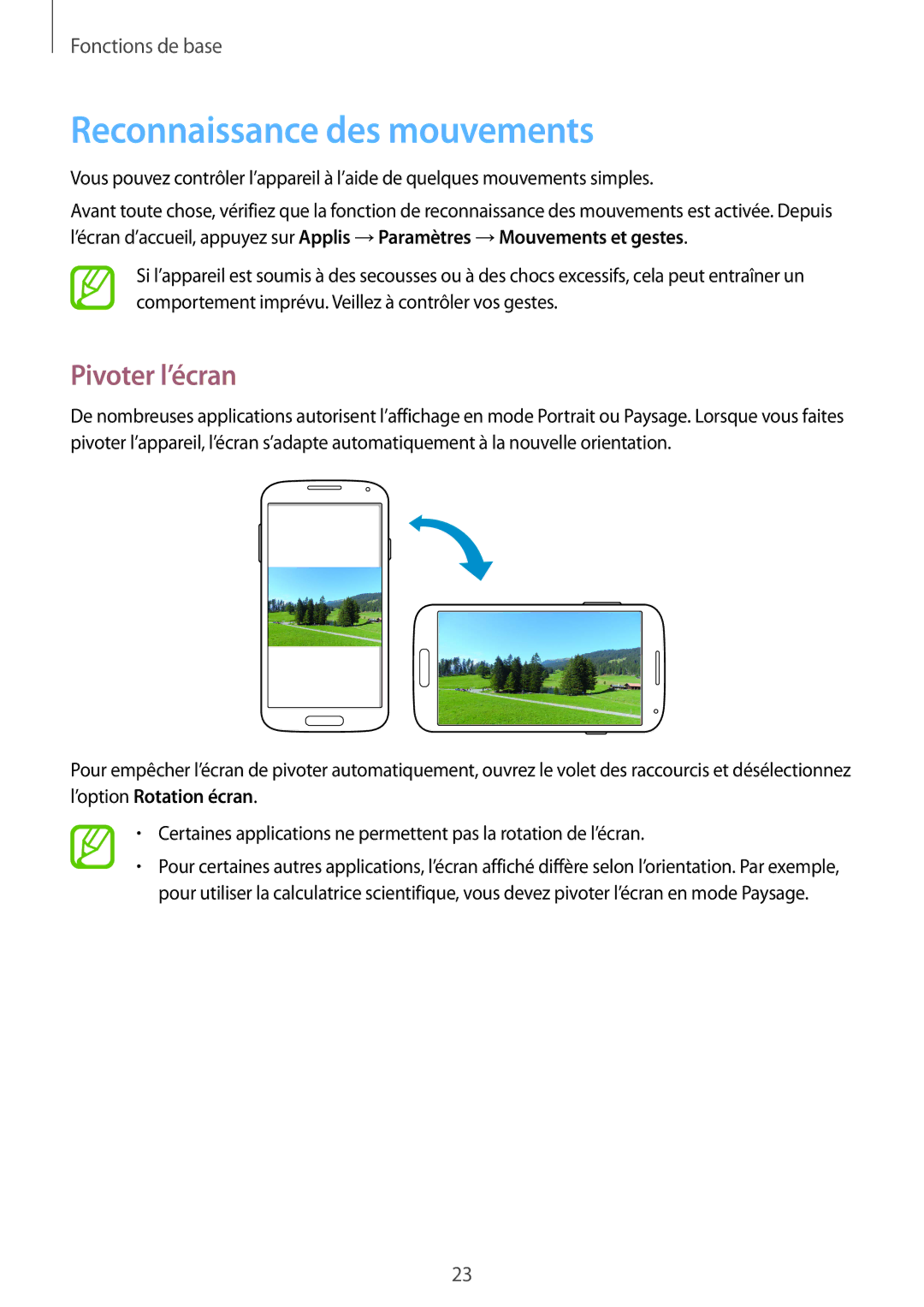 Samsung GT-I9195DKIXEF, GT-I9195ZWIXEF, GT-I9195ZKIXEF manual Reconnaissance des mouvements, Pivoter l’écran 