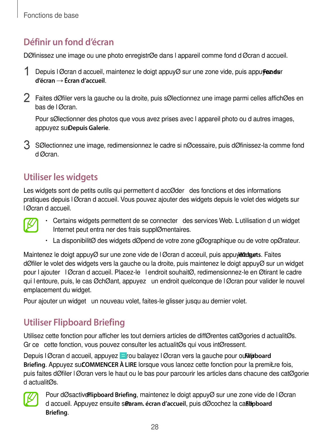 Samsung GT-I9195ZKIXEF, GT-I9195ZWIXEF manual Définir un fond d’écran, Utiliser les widgets, Utiliser Flipboard Briefing 