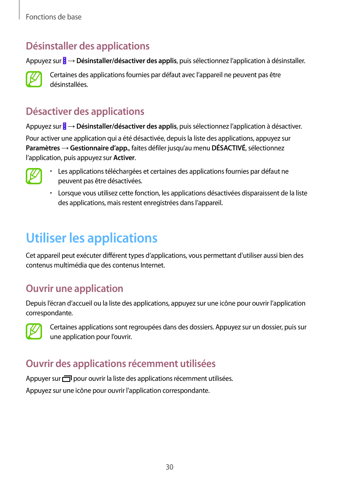 Samsung GT-I9195ZWIXEF manual Utiliser les applications, Désinstaller des applications, Désactiver des applications 