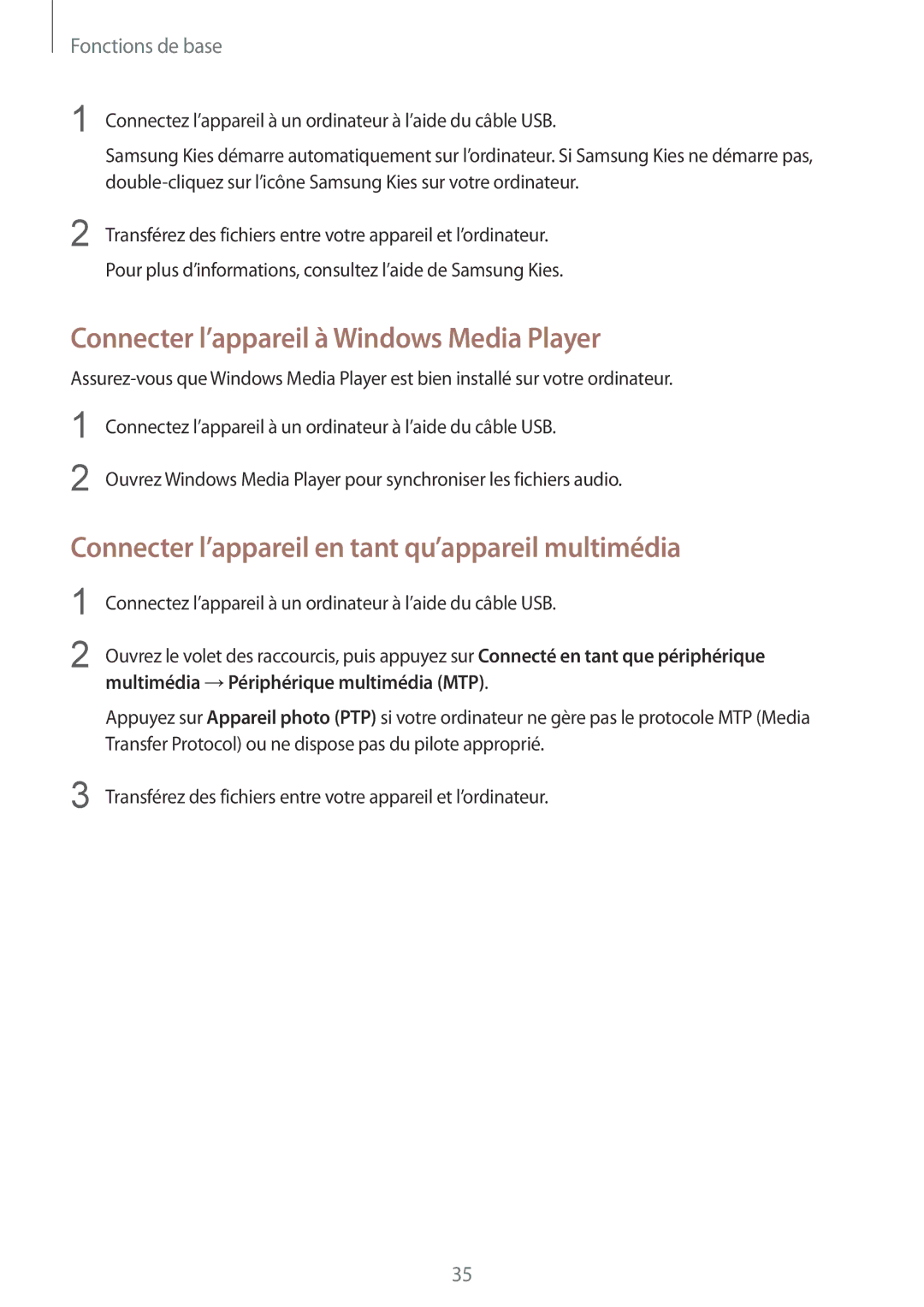 Samsung GT-I9195DKIXEF Connecter l’appareil à Windows Media Player, Connecter l’appareil en tant qu’appareil multimédia 