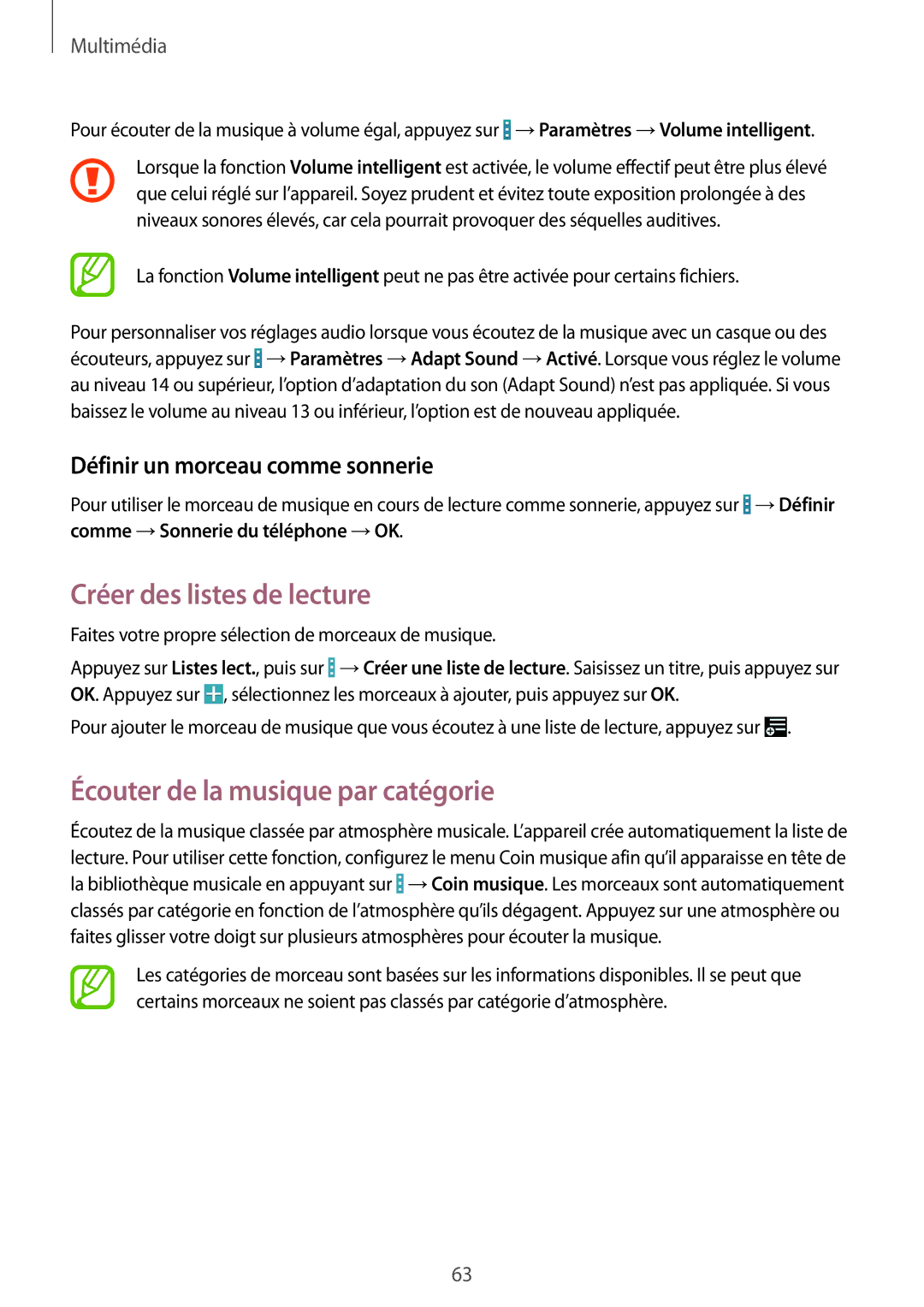 Samsung GT-I9195ZWIXEF Créer des listes de lecture, Écouter de la musique par catégorie, Définir un morceau comme sonnerie 