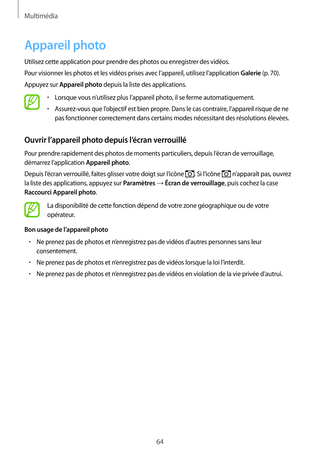 Samsung GT-I9195ZKIXEF Appareil photo, Ouvrir l’appareil photo depuis l’écran verrouillé, Bon usage de l’appareil photo 