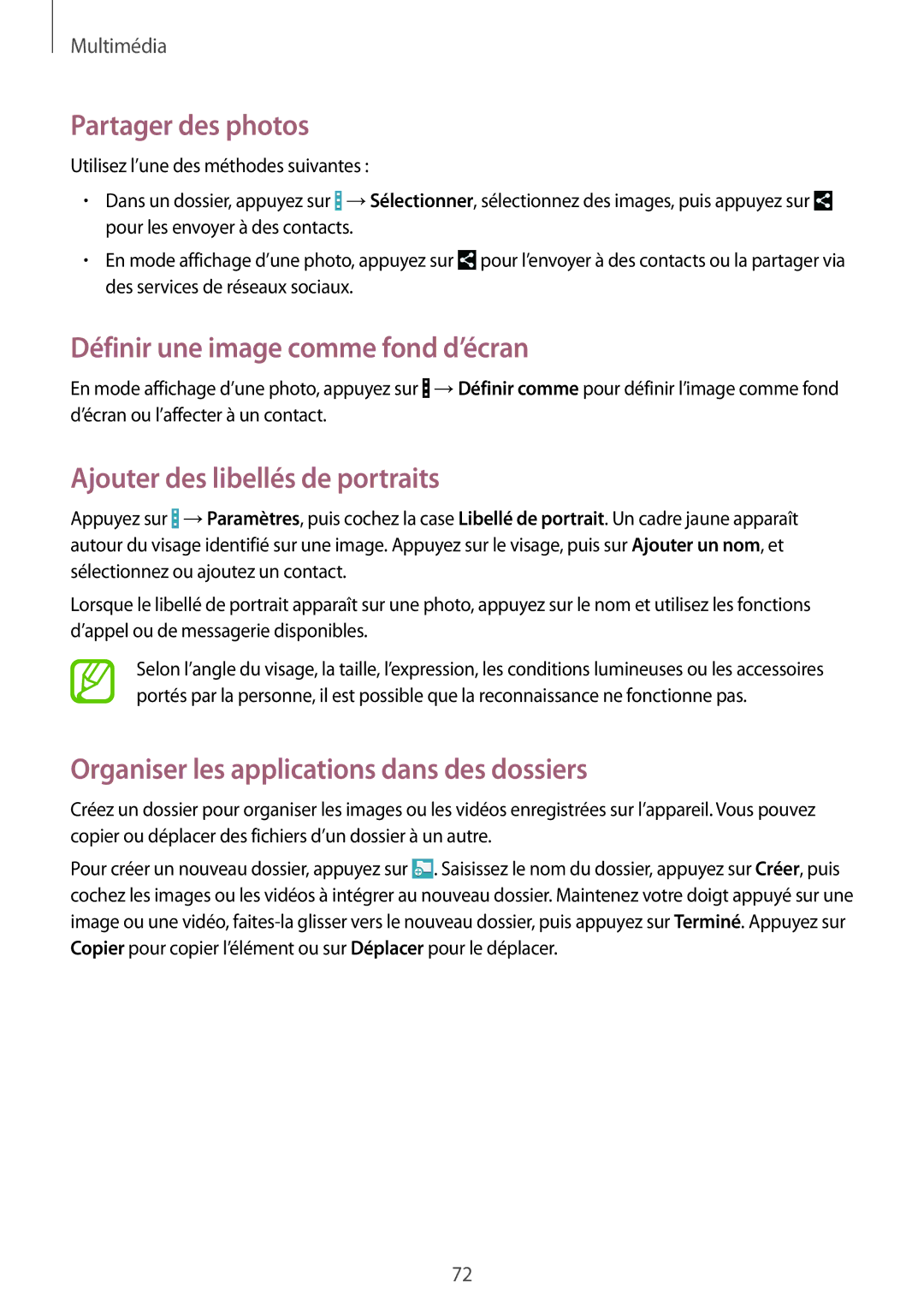 Samsung GT-I9195ZWIXEF manual Partager des photos, Définir une image comme fond d’écran, Ajouter des libellés de portraits 